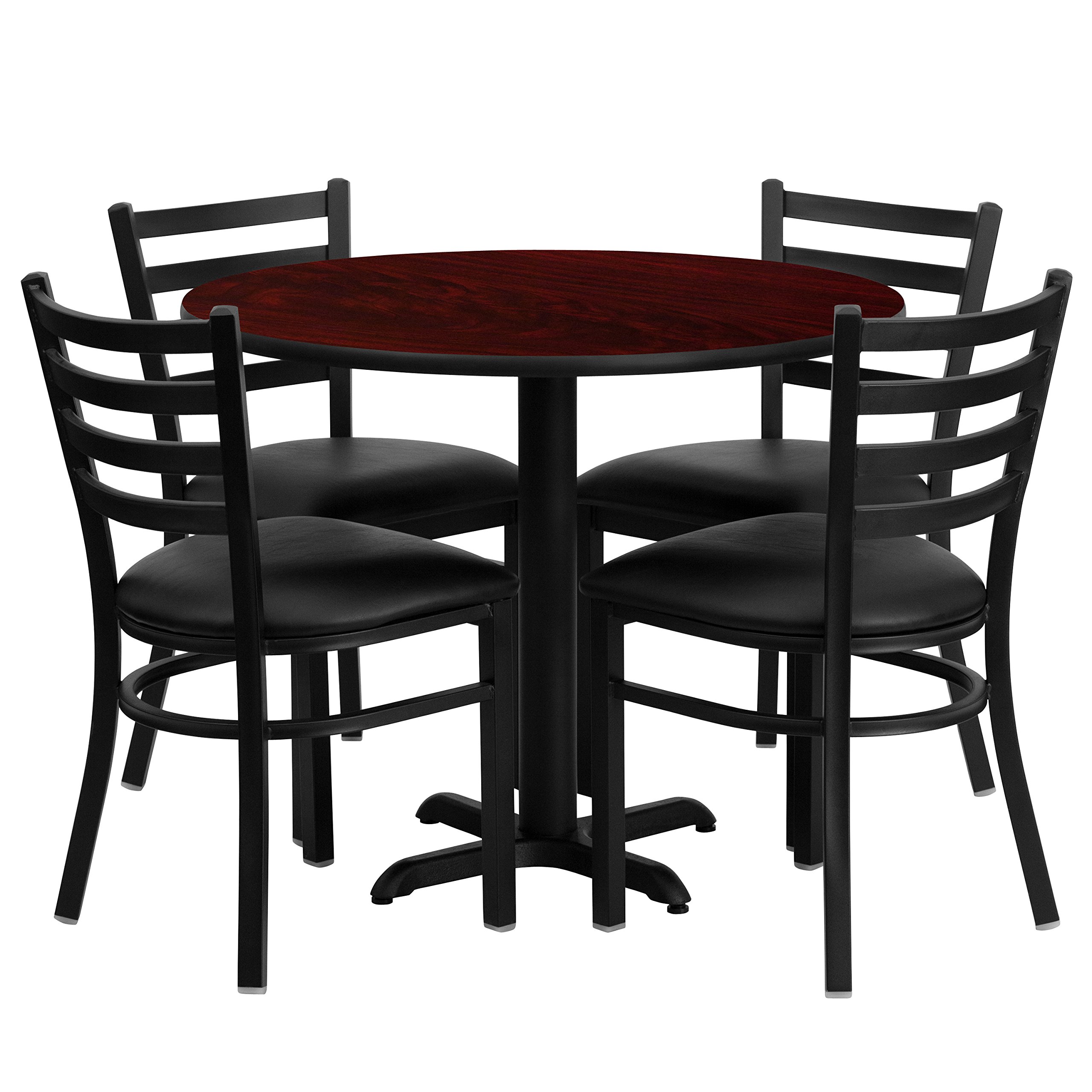 EMMA + OLIVER 36RD Mahogany Dining Table Set with X-Base & 4 Ladder Back Chairs - Black Seat Cushions | Perfect for Kitchen, Dining Room, and Small Space Gatherings