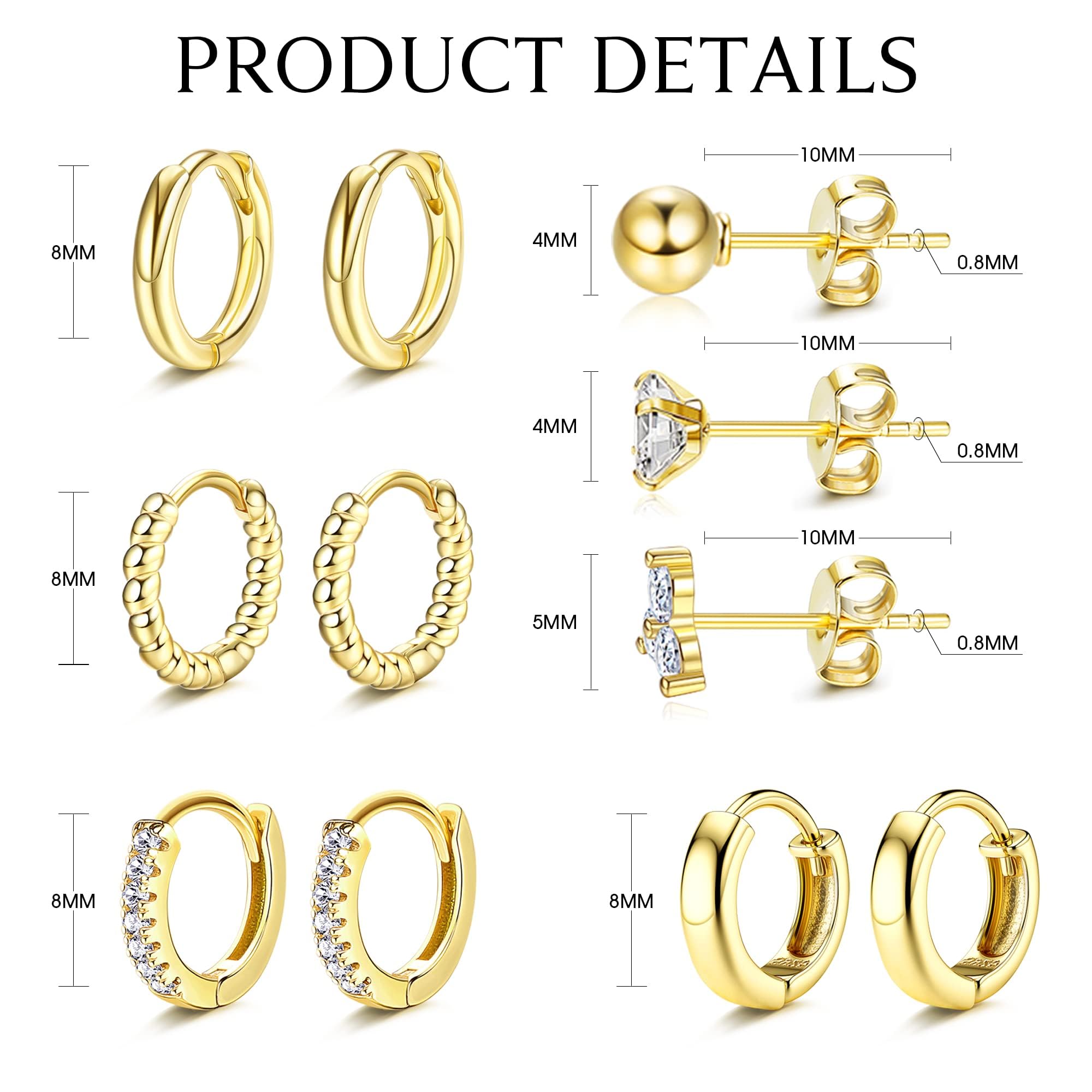 14K Gold Plated Huggie Hoop Earrings for Women - Tiny CZ Ball Studs Cartilage Earrings Set, Hypoallergenic & Durable - Perfect for Everyday Wear, Parties & Gifts