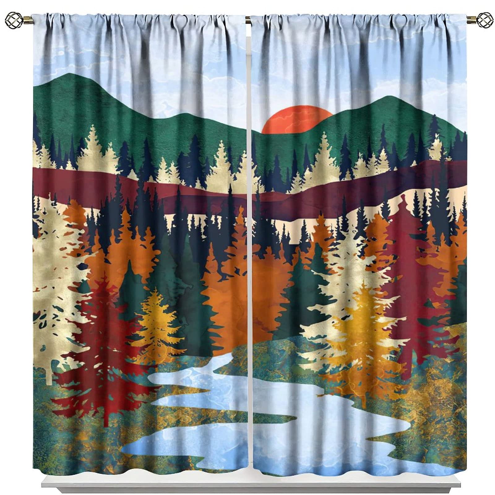 Blackout Curtains for Bedroom - Sunset Forest Lake Scenery Print, Thermal Insulated Room Darkening Window Drapes, 42x63 Inch, Rod Pocket Design - Perfect for Living Room & Bedroom Decor to Block Light & Enhance Sleep