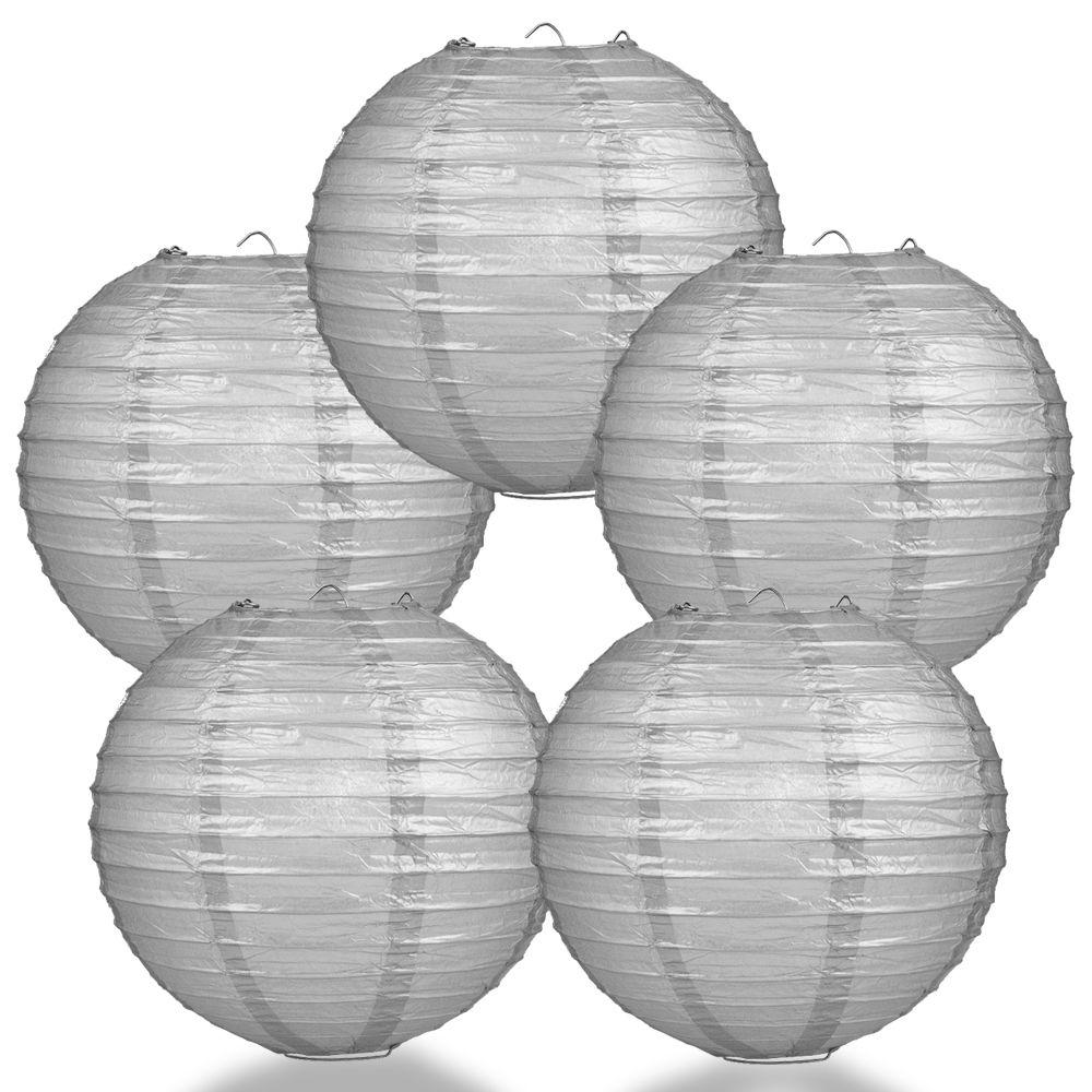 5 Pack 10 Inch Silver Round Paper Lanterns with Even Ribbing - Chinese Hanging Wedding & Party Decorations for Indoor/Outdoor Events, Home Decor, and Festive Celebrations