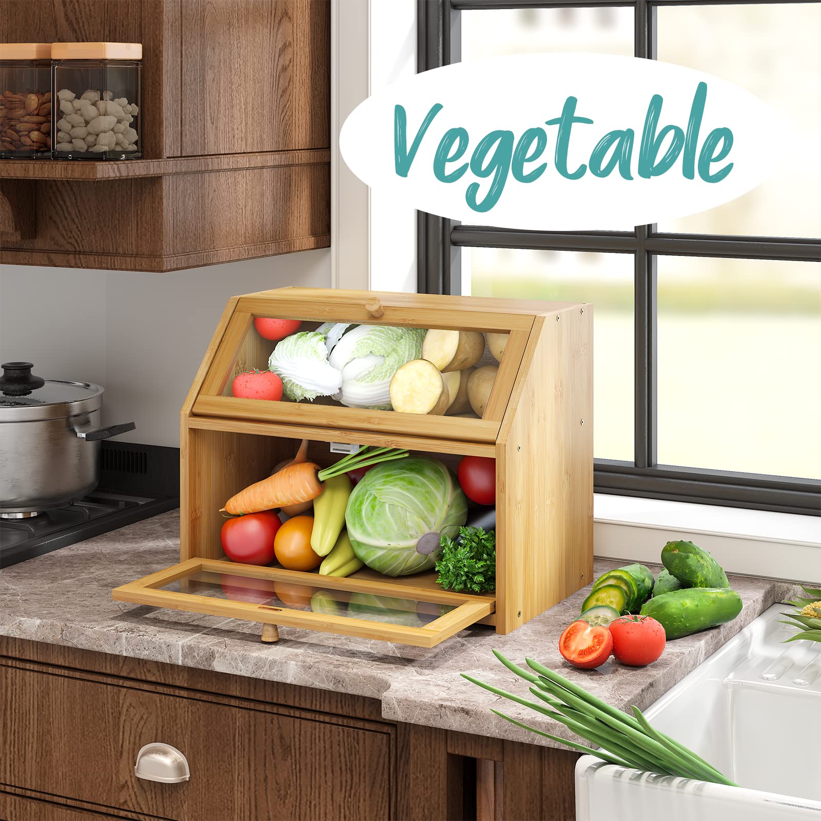 Large Bamboo Bread Box for Kitchen Counter - Spacious Bread Storage Bin with Corner Design | Perfect for Storing Bread, Baked Goods & Pastries on Countertops or Pantry