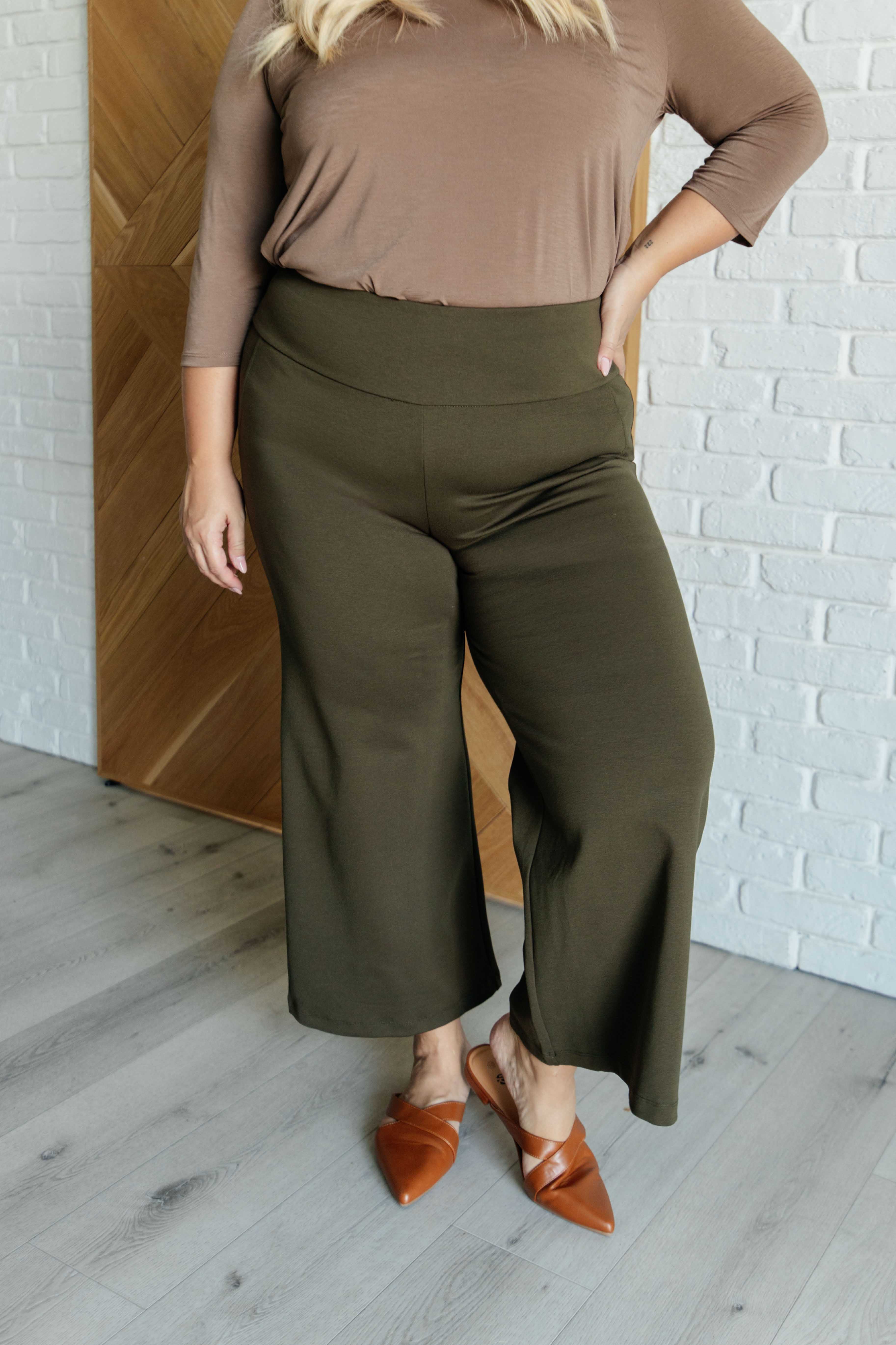 Stylish Olive Green Magic Wide Leg Crop Pants for Women - Comfortable High Waist Palazzo Trousers for Casual Wear, Office & Summer Outfits