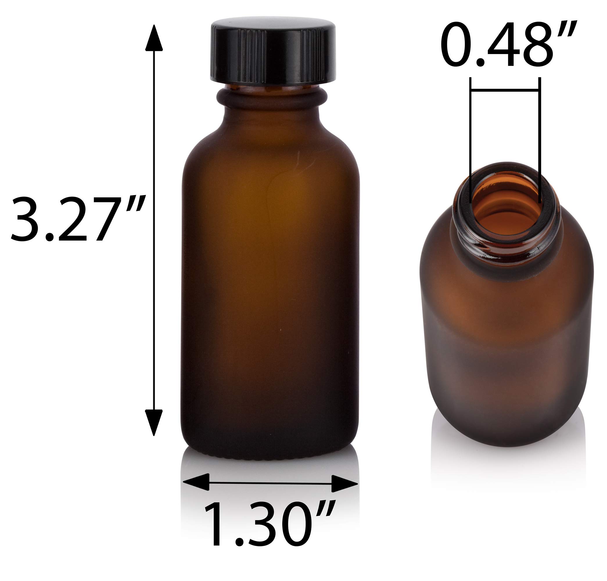 JUVITUS 12 Pack 1 oz Frosted Amber Glass Boston Round Bottles with Airtight Phenolic Cap - Essential Oil Storage, DIY Beauty, Travel Containers - Includes Free Funnel for Easy Filling