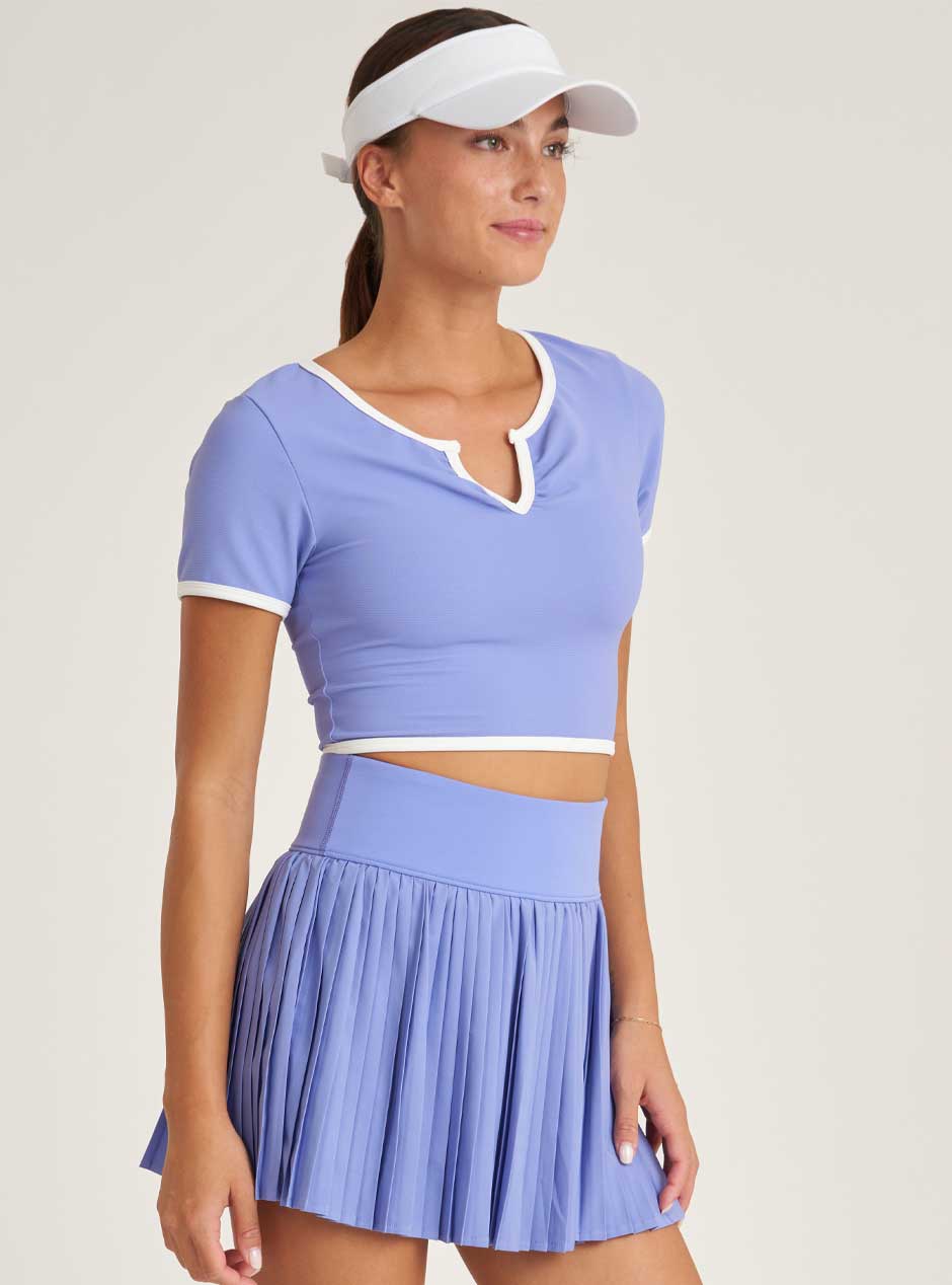 Thrive Société Women's Refine Notch Neck Cropped Tee - Wild Indigo Blue | Casual Short Sleeve T-Shirt for Women | Perfect for Everyday Wear, Outings & Layering