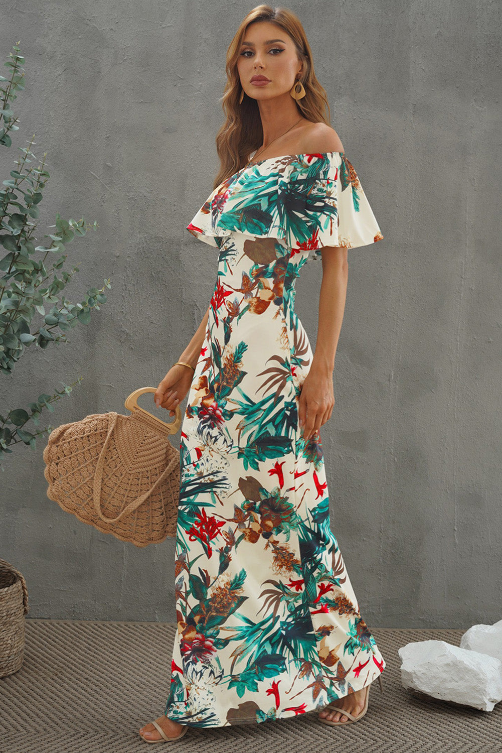 Floral Print Off Shoulder Maxi Dress for Women - Summer Beach Wedding Party Dress with Layered Skirt | Perfect for Beach Vacations, Garden Parties & Date Nights