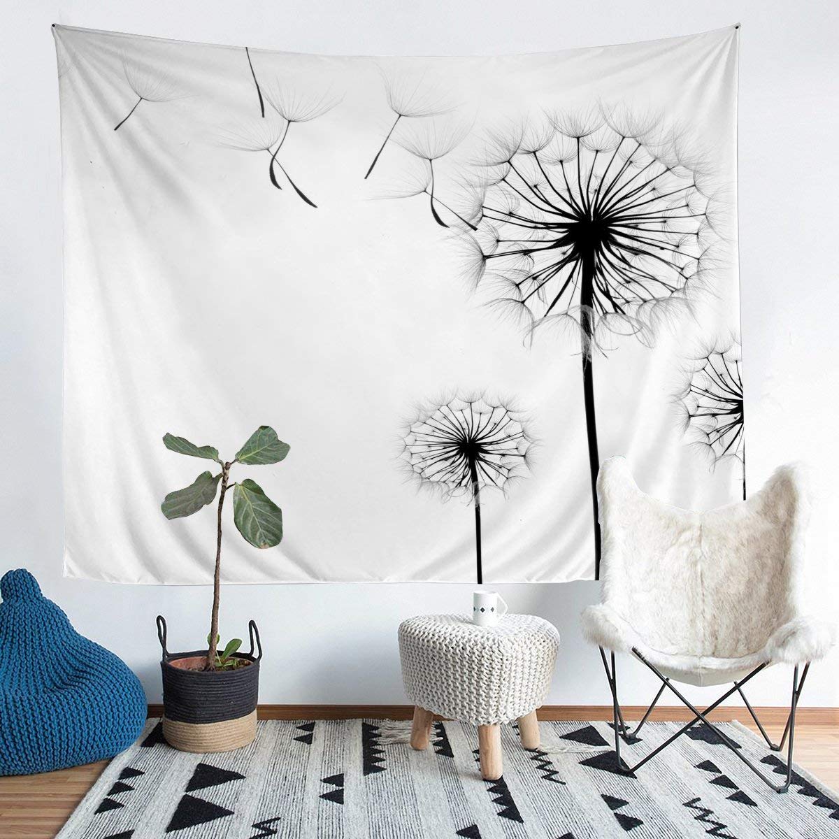 Erosebridal Dandelion Wall Tapestry 51x59 Inches - Fluffy Floral Bohemian Wall Hanging for Bedroom, Nursery, Dorm Decor - Soft Trippy Flower Design in Black & White - Perfect for Kids Rooms, Teen Bedrooms & Boho Home Decor