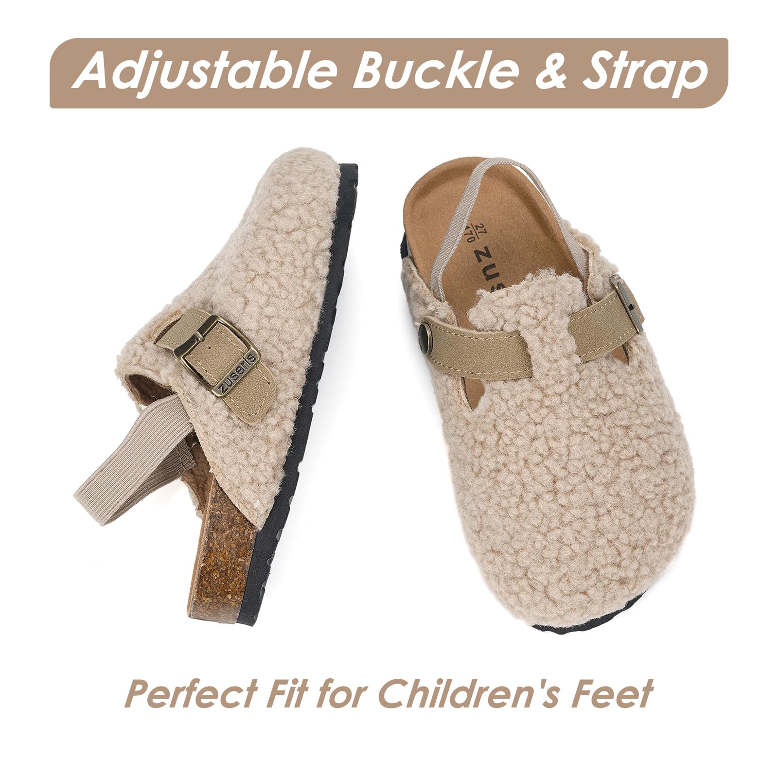 **Toddler Fuzzy Clog Slippers for Boys & Girls - Adjustable Strap, Cork Footbed, Fleece-Lined Mules - Perfect for Indoor Play, Preschool & Cozy Home Wear**