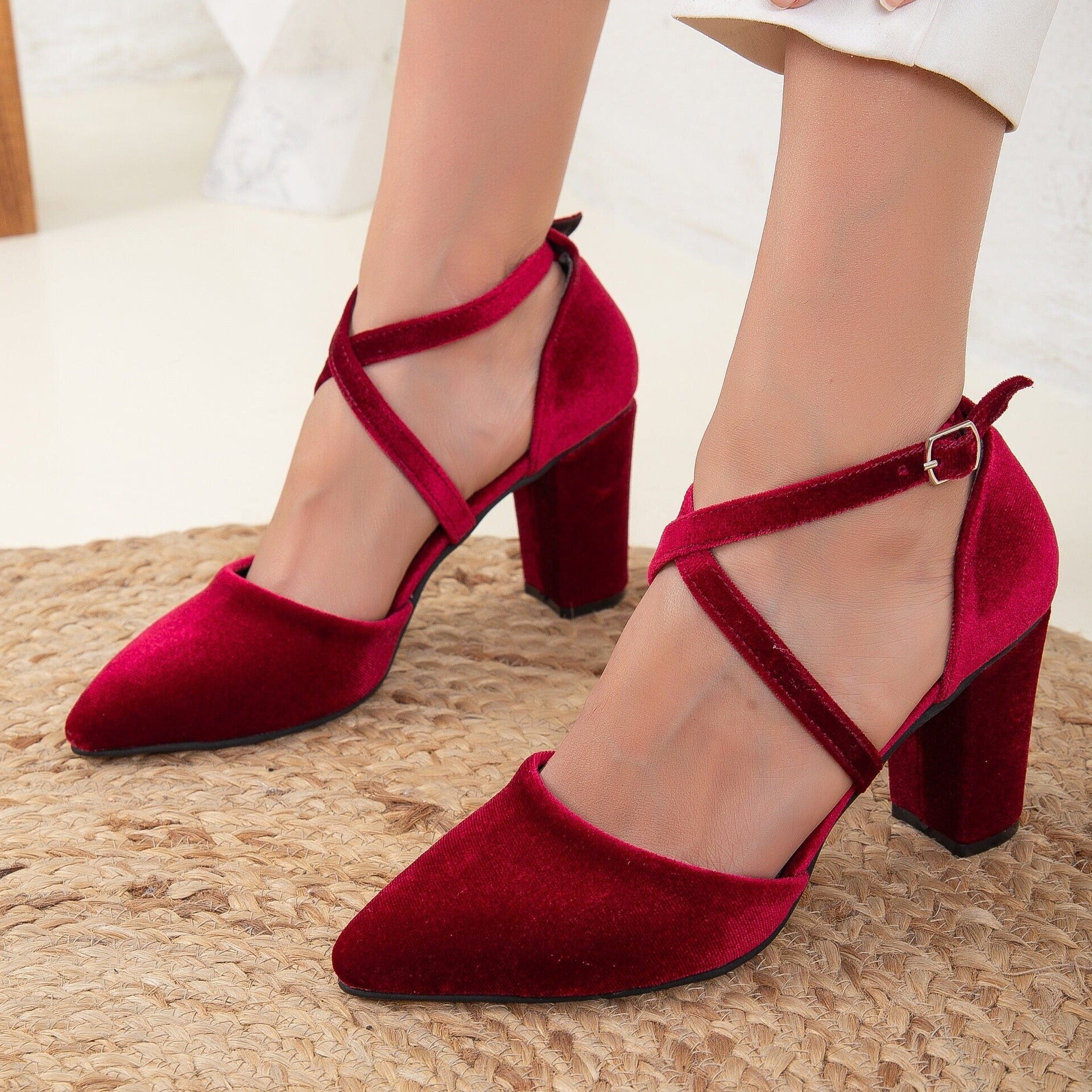 Sina Dark Red Velvet Heels for Women - Burgundy Velvet High Heel Shoes for Party, Wedding & Evening Wear - Elegant Dress Pumps with Comfortable Fit