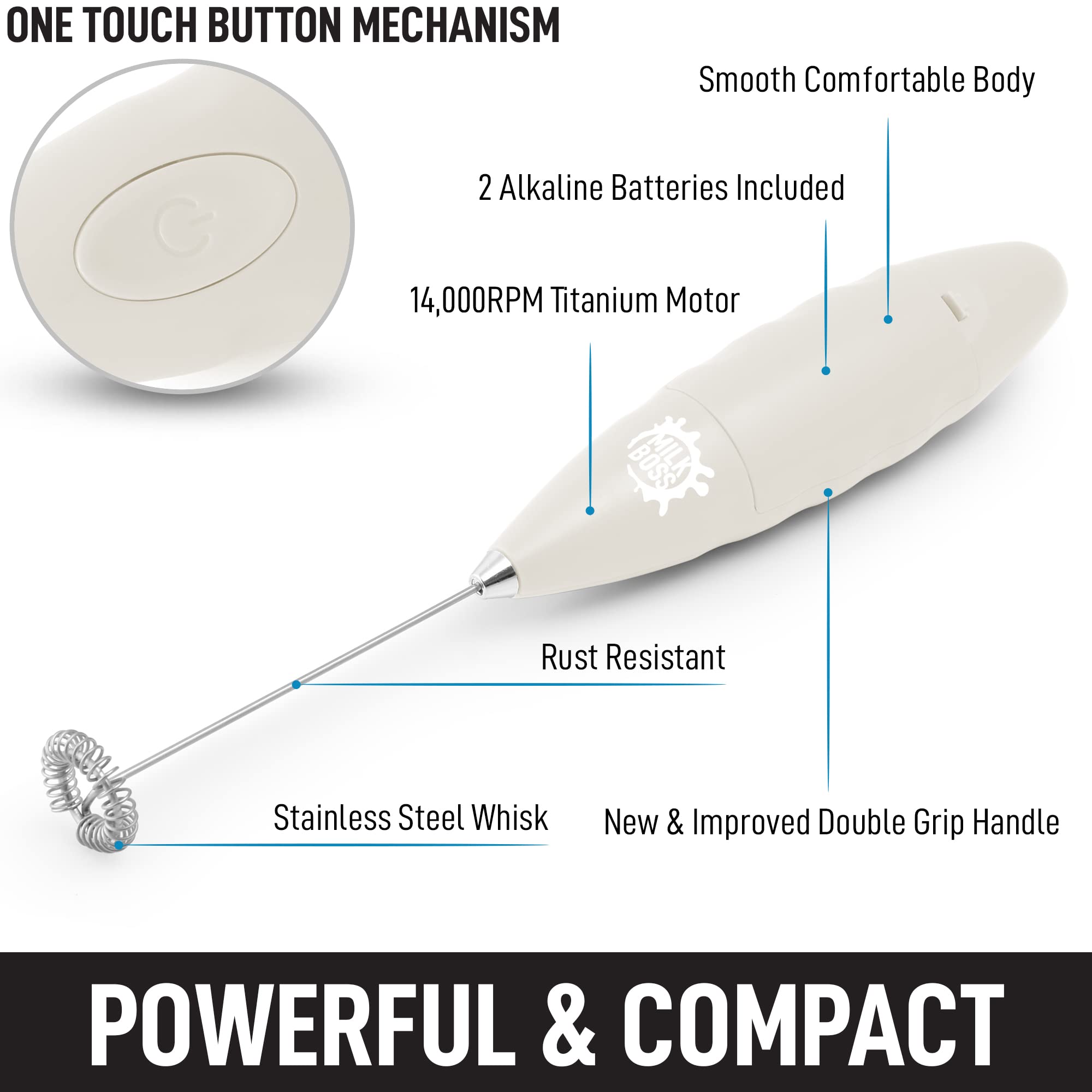 Premium Electric Milk Frother & Matcha Whisk - Handheld Battery-Powered Drink Mixer for Coffee, Latte, Cappuccino & Matcha Tea - Comfort Grip Design with Included Batteries (White) - Perfect for Home, Office & Cafe Use