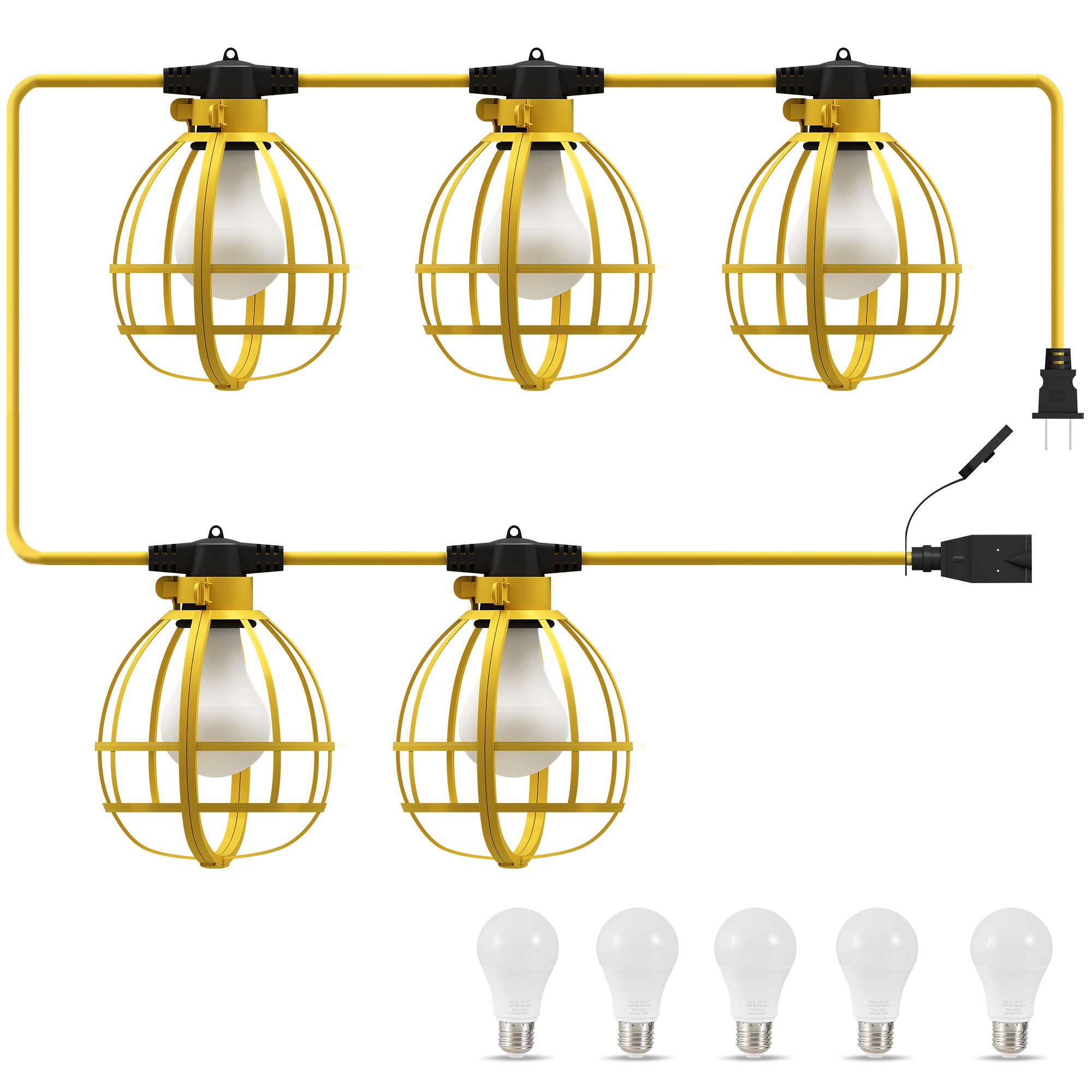 LEDIARY 50FT Commercial String Lights - 5 Bulbs 50W 5250LM Weatherproof Work Lights with Medium Base Sockets, Linkable Construction Lighting for Job Sites, Warehouses, Backyards & Outdoor Events - UL Listed