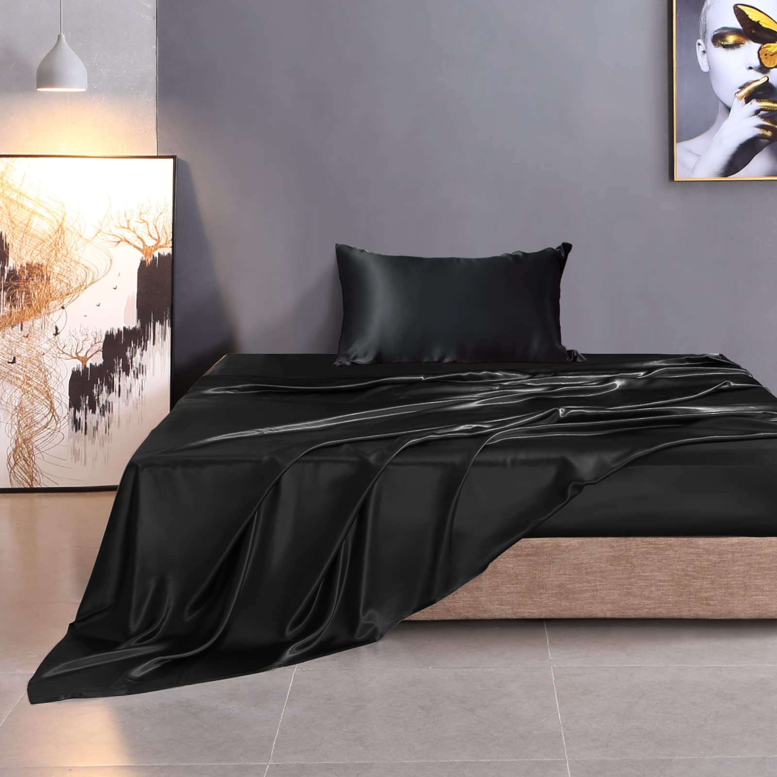 Luxury 7A+ Grade 100% Mulberry Silk Bed Sheets Set - 3 Piece (Fitted Sheet, Flat Sheet & Pillowcase) - Twin Size Black - Hypoallergenic & Temperature Regulating for Ultimate Comfort - Perfect for Hot Sleepers & Sensitive Skin