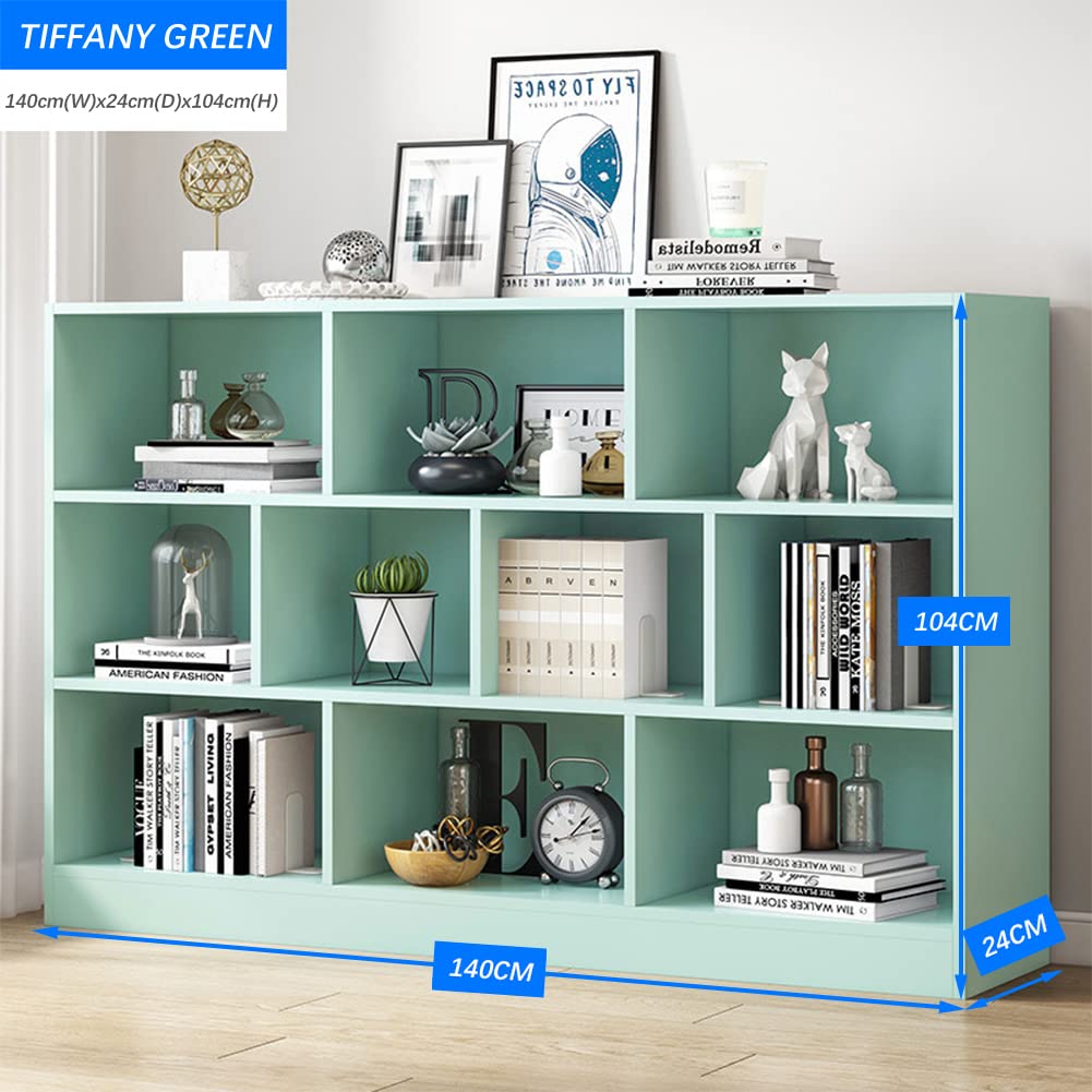 IOTXY 3-Tier Open Shelf Bookcase - Wooden Floor Standing Display Cabinet with Base, 10-Cube Short Horizontal Bookshelf in Tiffany Green - Perfect for Living Room, Bedroom, or Office Storage and Organization