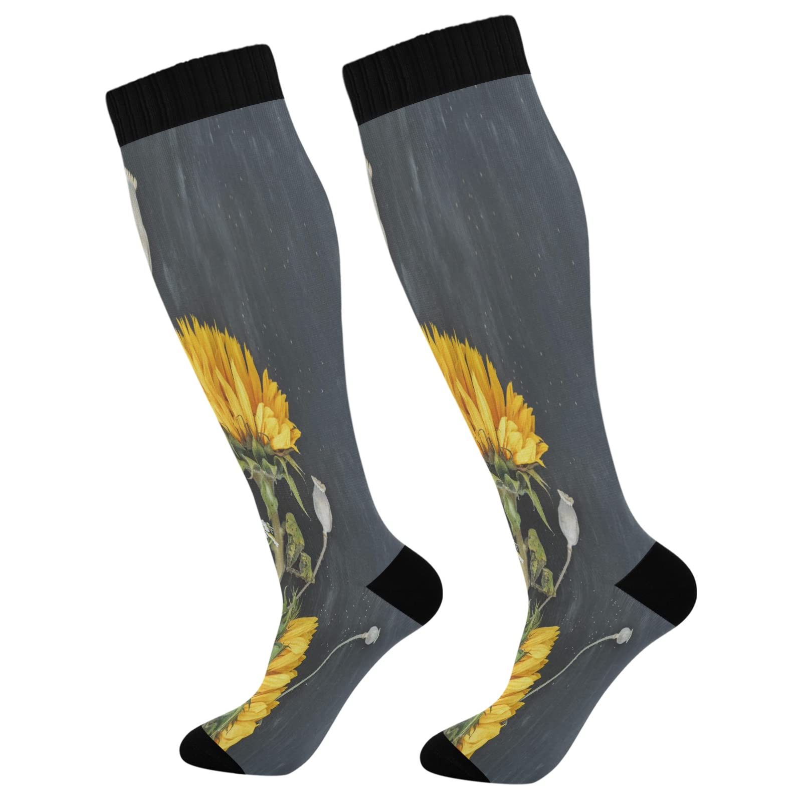 Best Compression Socks for Women & Men - Knee High Support Socks for Running, Hiking & Fitness - Sunflower Design on Black - Perfect for Workouts, Travel & Circulation