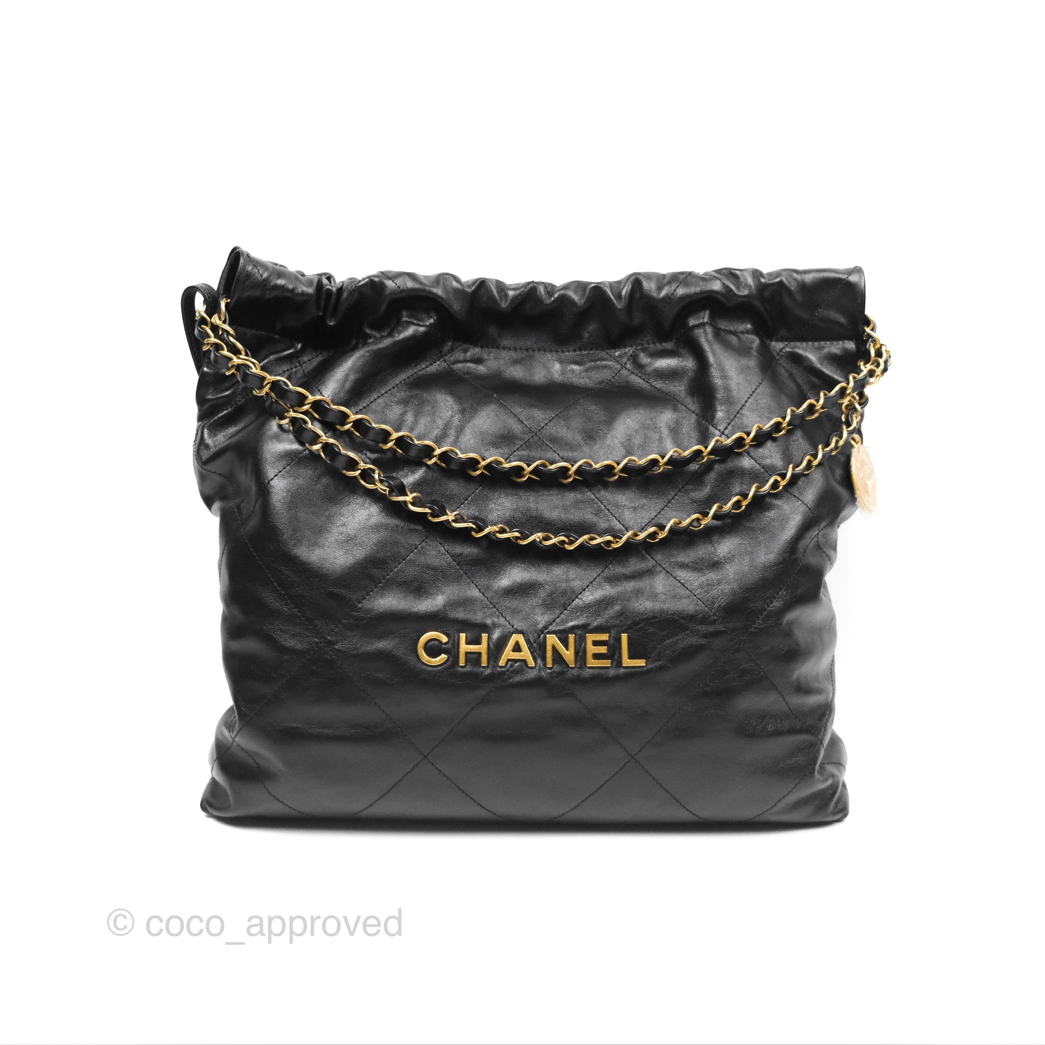Chanel 22 Medium Black Crumpled Calfskin Leather Shoulder Bag with Aged Gold Hardware - Luxury Handbag for Women, Perfect for Work, Travel & Evening Events