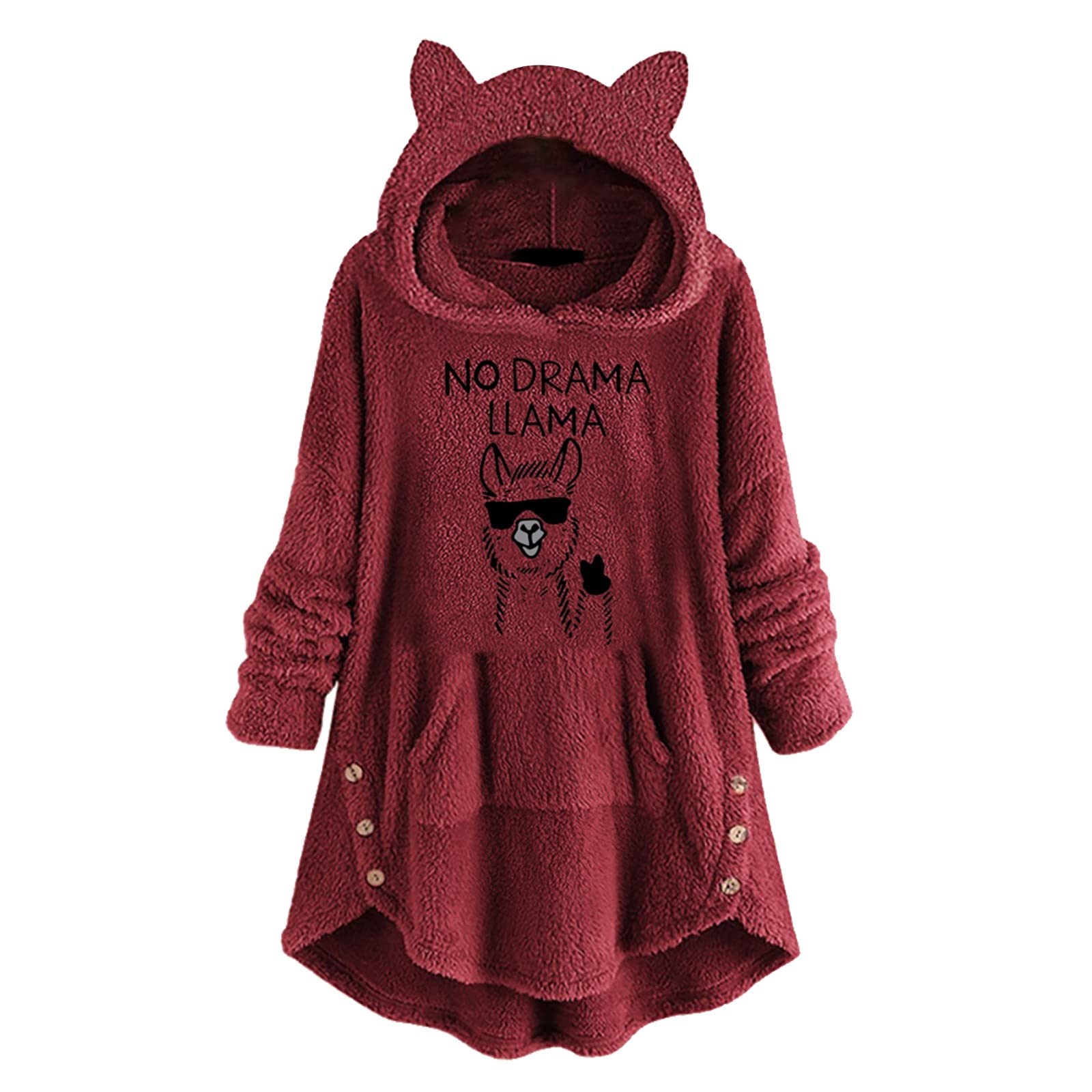 Women's Fleece Pullover Hoodie with Cat Ears - Cute Printed Long Sleeve Sweatshirt with Button Pocket | Cozy Casual Wear for Fall & Winter, Perfect for Daily Outfits and Cat Lovers