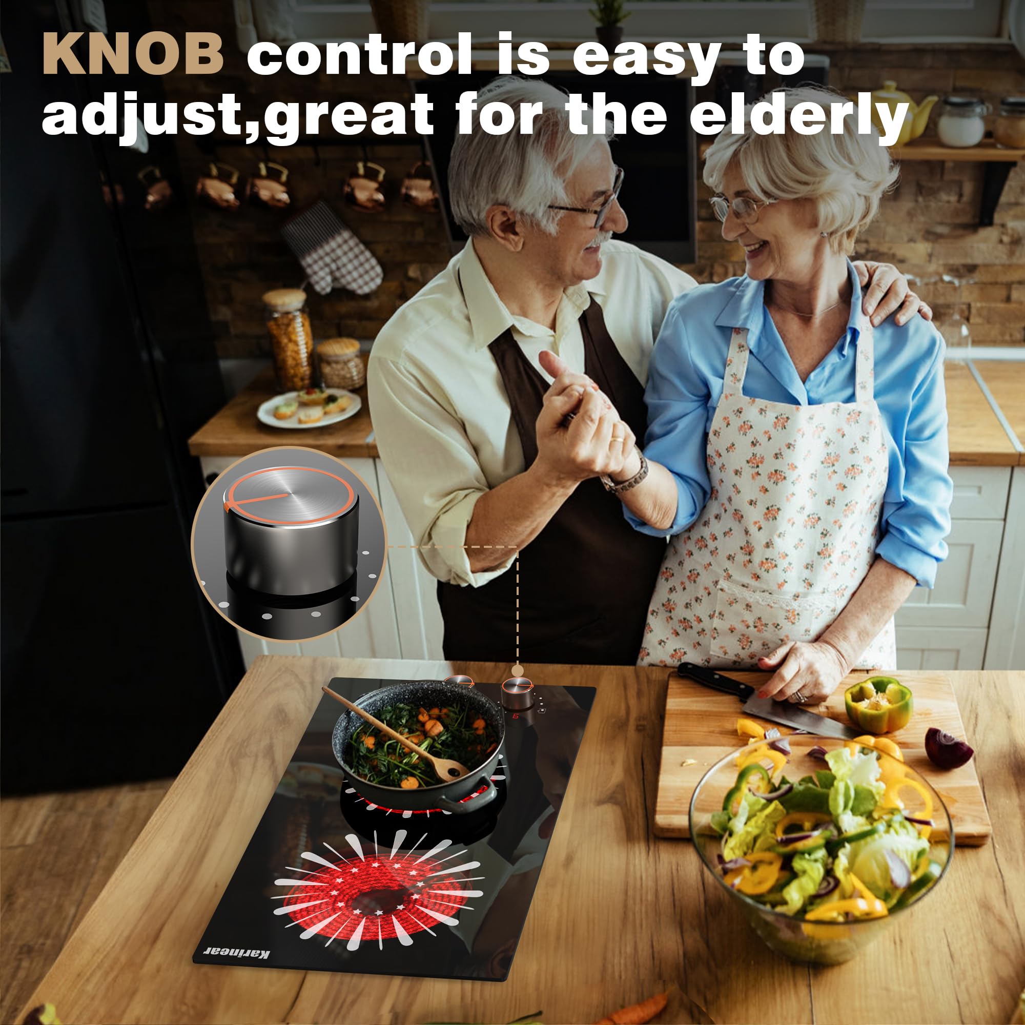 Karinear 12 Inch 110V Electric Cooktop with 2 Burners - Plug-in Countertop & Built-in Ceramic Stove Top, Knob & Touch Sensor Control, Multi-Functional Radiant Stove for Kitchen, RV, Dorm & Small Spaces