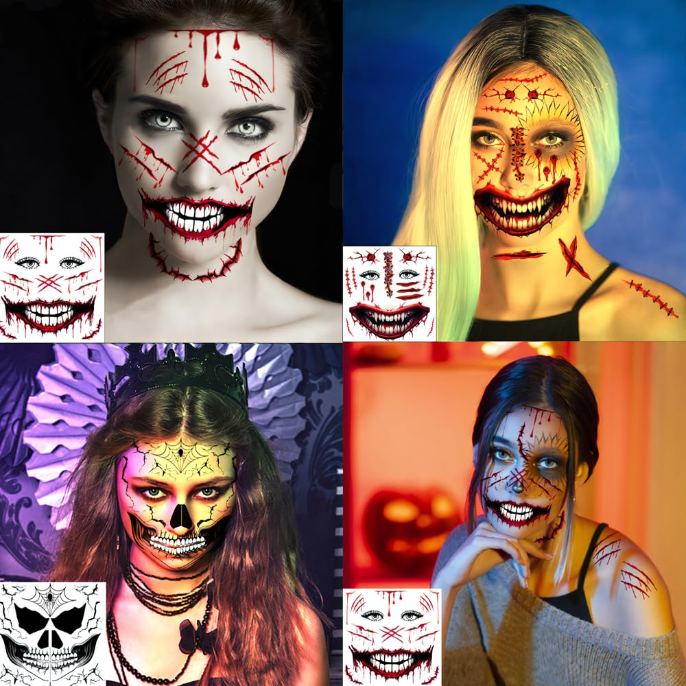 Scary Halloween Temporary Tattoos Set - 5 Face Tattoos + 1 Fake Scars & Stitches Sheet with Bloody Mouth Design | Zombie Makeup, Fake Wounds for Halloween Costume & Party Prank | Perfect for Cosplay, Horror Events and Trick-or-Treating