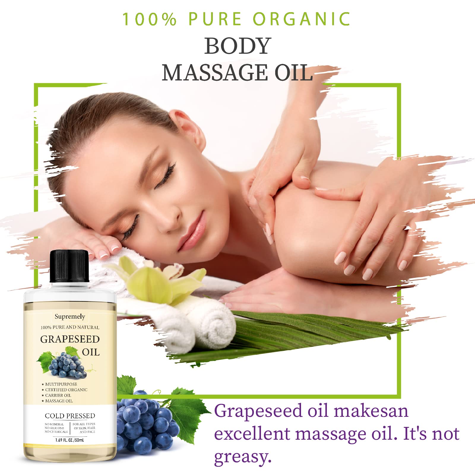 100% Pure Cold Pressed Grapeseed Oil - Natural Carrier Oil for Skin & Hair Care - 50ml - Perfect for Massage, DIY Beauty Recipes & Aromatherapy