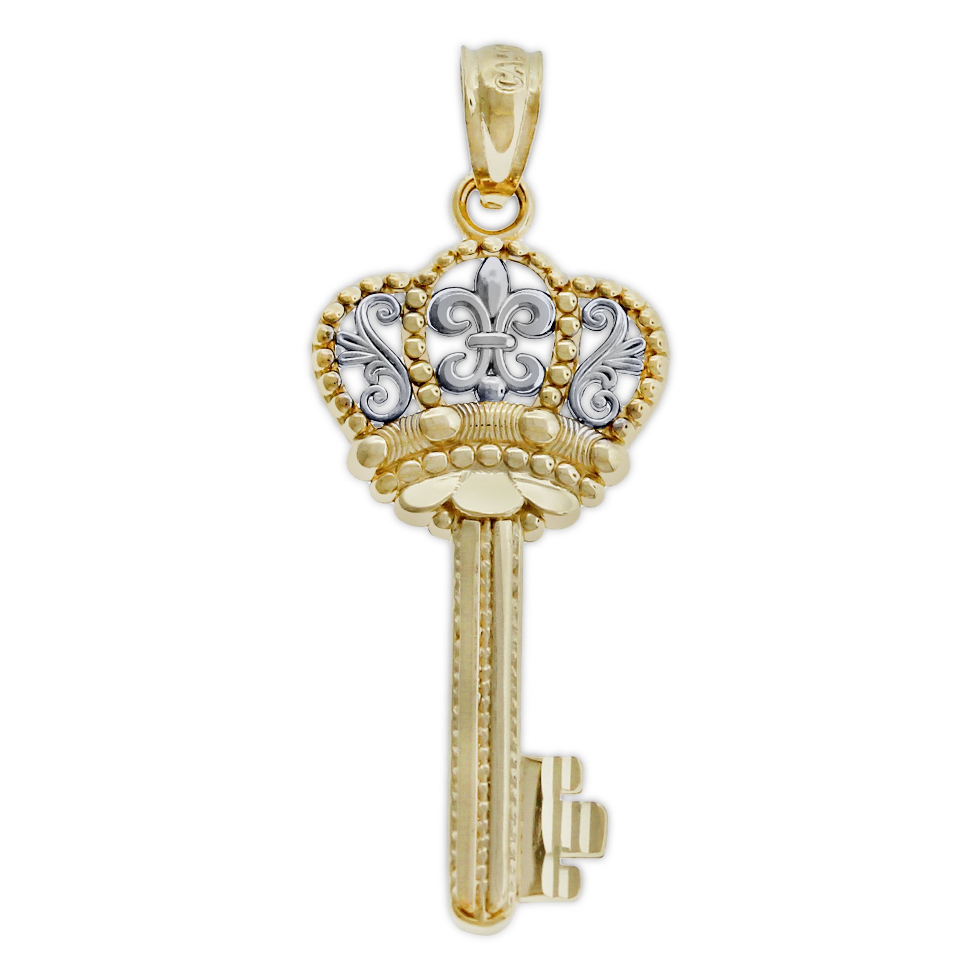 14K Solid Gold Fleur De Lis Crown Key Charm Pendant - Elegant Jewelry Gift for Women, Perfect for Necklaces, Bracelets & Keychains (Birthday, Anniversary, Valentine's Day)