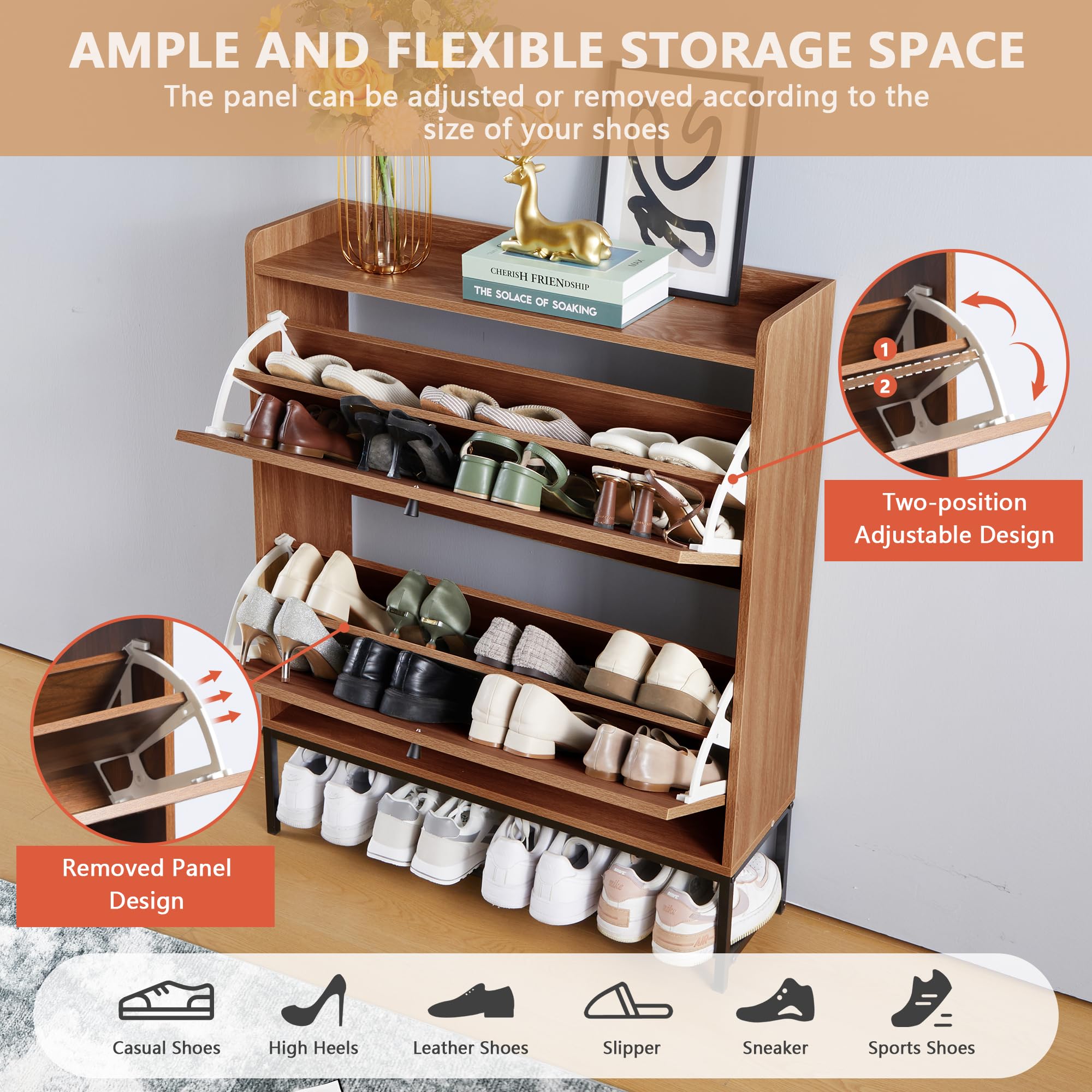 LEVNARY Wooden Shoe Storage Cabinet with 2 Flip Drawers - Narrow Entryway Shoe Organizer with Metal Legs, Freestanding Shoe Rack for Hallway (Walnut) | Perfect for Small Spaces, Apartment Entryways & Closet Organization