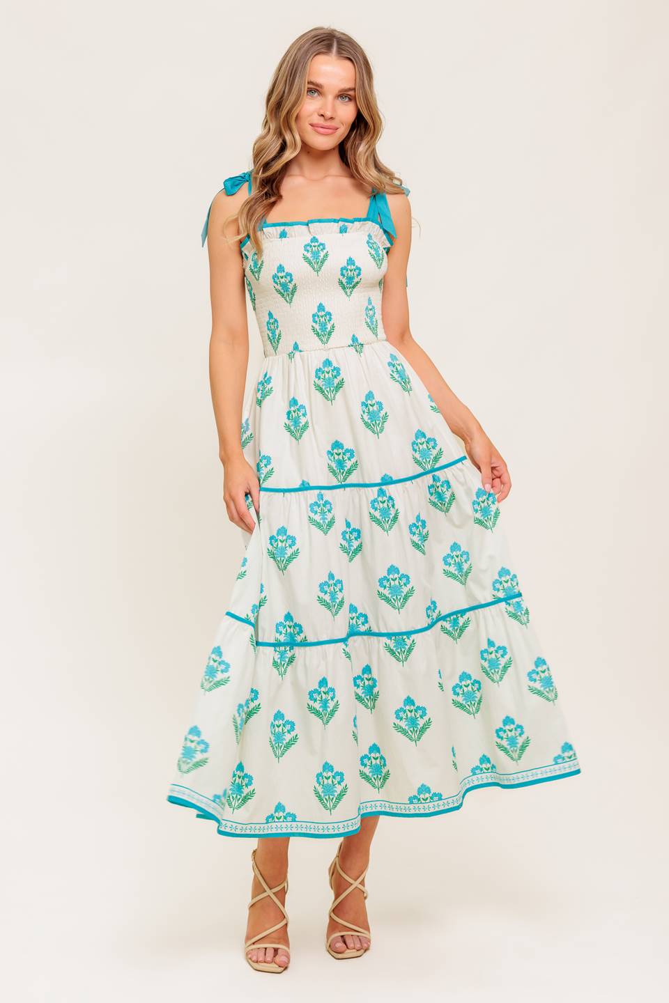 BEAUTY IN BLOOM Blue Tie Strap Midi Dress - Flowy Summer Dress for Beach, Wedding & Date Night
