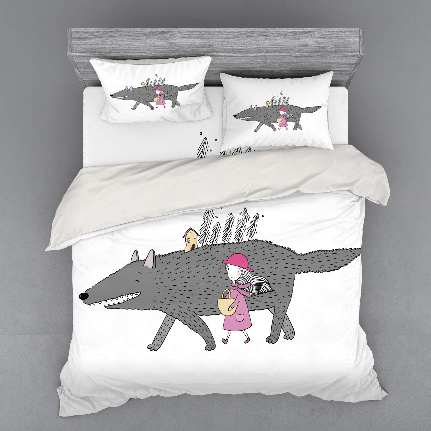 Ambesonne Fantasy Bedding Set - King Size 4-Piece Duvet Cover with Shams & Fitted Sheet, Pink Grey Peach - Girl in Pink Dress Walking with Giant Wolf in Fir Forest Design - Perfect for Kids' Room, Teen Bedroom or Fantasy Themed Decor