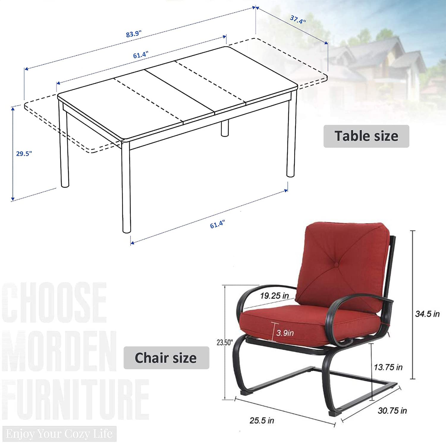 MFSTUDIO 7-Piece Outdoor Patio Dining Set with 6 Spring Motion Chairs & 1 Expandable Table - Burgundy Garden Furniture for Backyard, Lawn, Porch | Perfect for Outdoor Entertaining & Family Gatherings