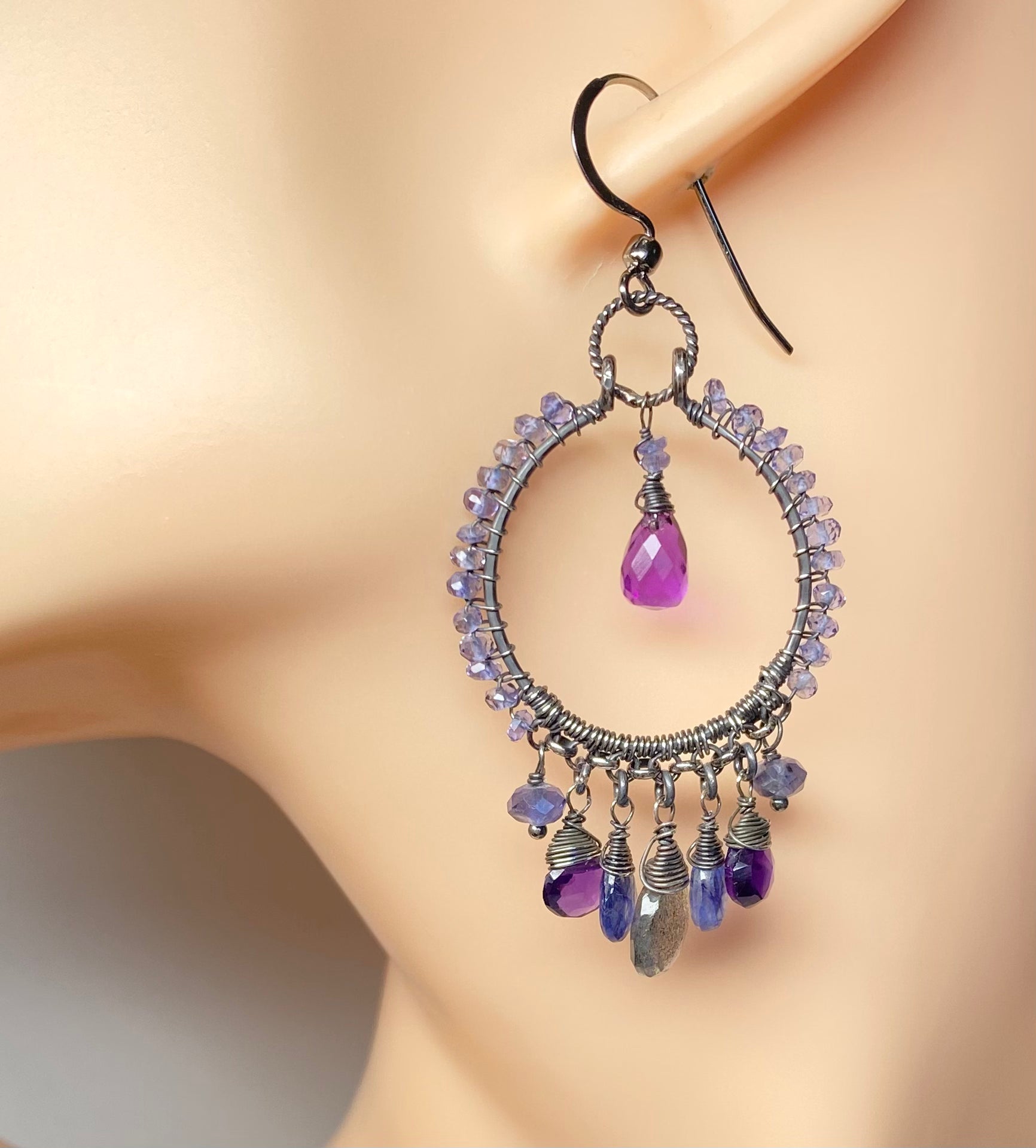 Blue Violet Sterling Silver Hoop Chandelier Earrings with Iolite, Kyanite, Amethyst & Labradorite Gemstones | Elegant Dangle Earrings for Women | Perfect for Parties, Weddings & Evening Events