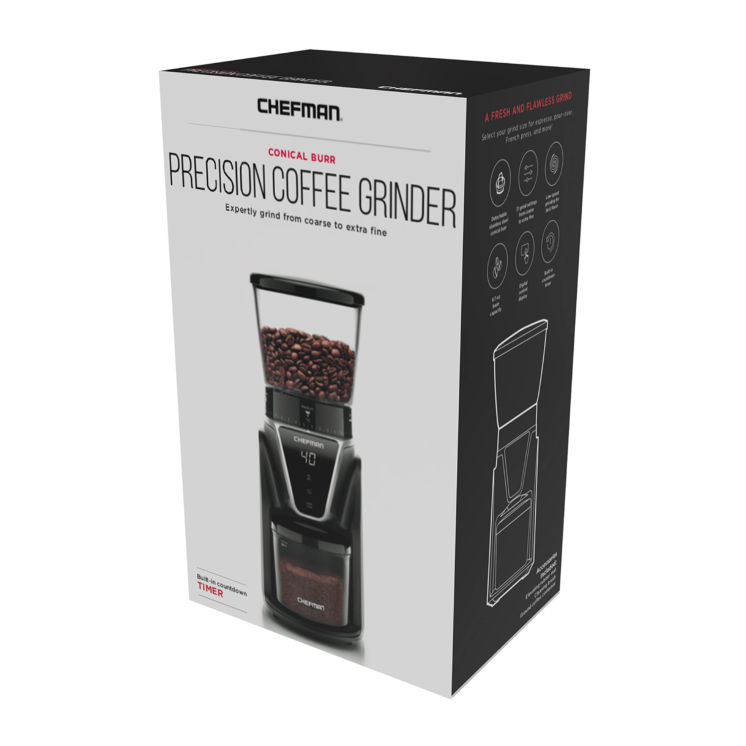 Chefman Conical Burr Coffee Grinder - 31 Adjustable Settings from Coarse to Extra Fine, One-Touch Digital Control, 9.7oz Bean Capacity - Perfect for Espresso, French Press & Pour Over Coffee - Black