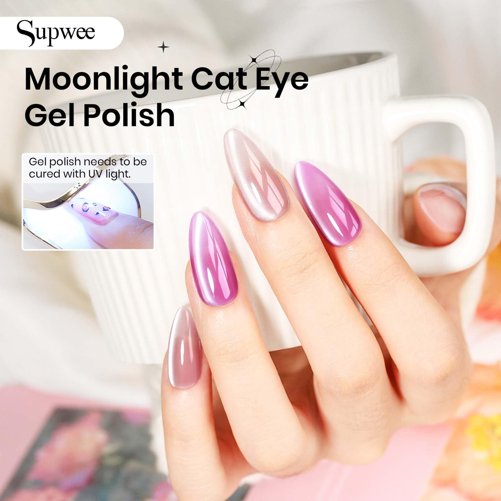 6 Colors Cat Eye Gel Nail Polish Set - Moonlight Glass Magnetic Gel with Shimmer Glitter (Pink, Purple, Gray) | Soak Off & Nail Lamp Friendly | DIY Nail Art at Home for Parties, Weddings & Special Occasions