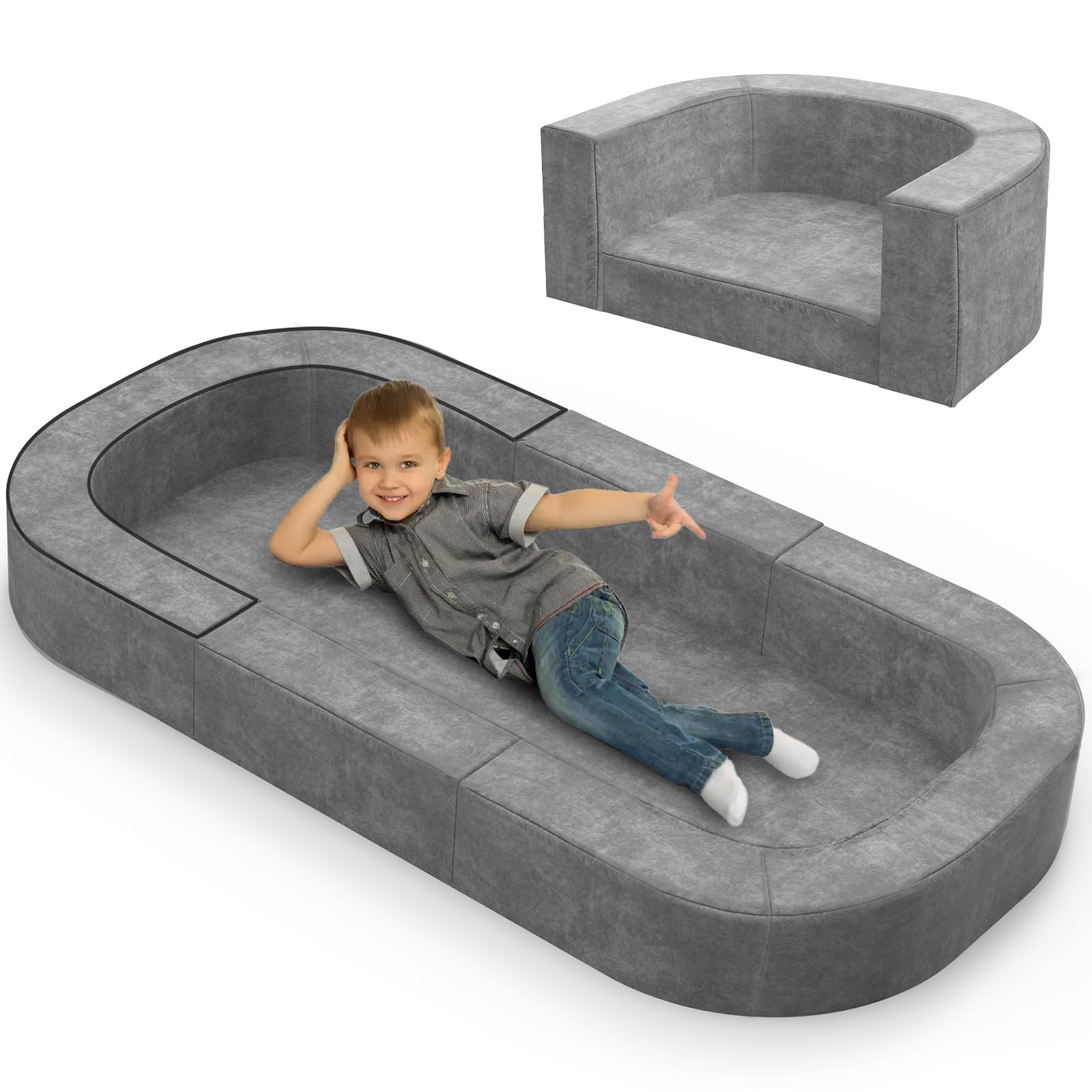 2 in 1 Portable Toddler Travel Bed & Convertible Sofa - Foldable Travel Crib for Kids 1-6 Years Old, Lightweight Floor Cot & Toddler Bed for Baby, Size L, Grey - Perfect for Camping, Air Travel & Playroom Nap Time