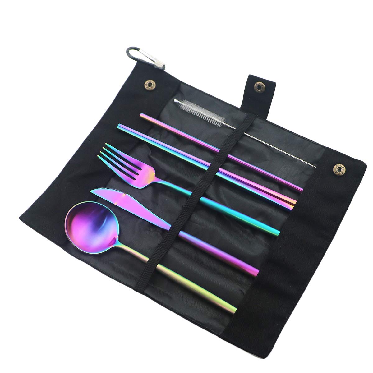 Premium 7-Piece Rainbow Matte Stainless Steel Travel Utensil Set with Case - Includes Knife, Fork, Spoon, Chopsticks, Straight Straw & Cleaning Brush - 18/10 Stainless Steel Flatware for Camping, Picnics & Office Lunch