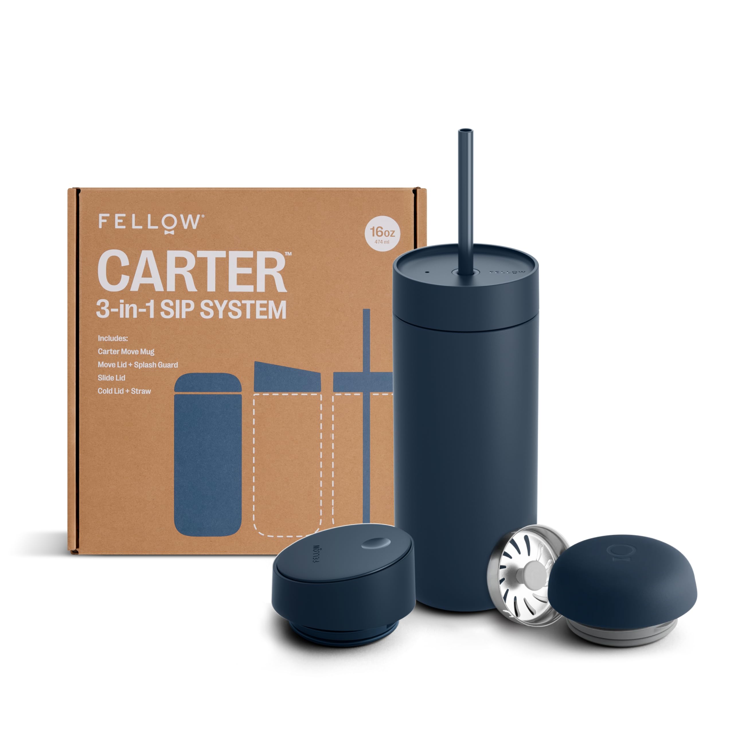 Fellow 16 oz Carter Travel Mug Bundle (3-in-1) - Vacuum-Insulated Stainless Steel Coffee Tumbler with Slide-Lock Lid, Ceramic Interior & Straw - Perfect for Hot & Cold Drinks On-The-Go, Office Commute, Hiking & Outdoor Adventures - Stone Blue