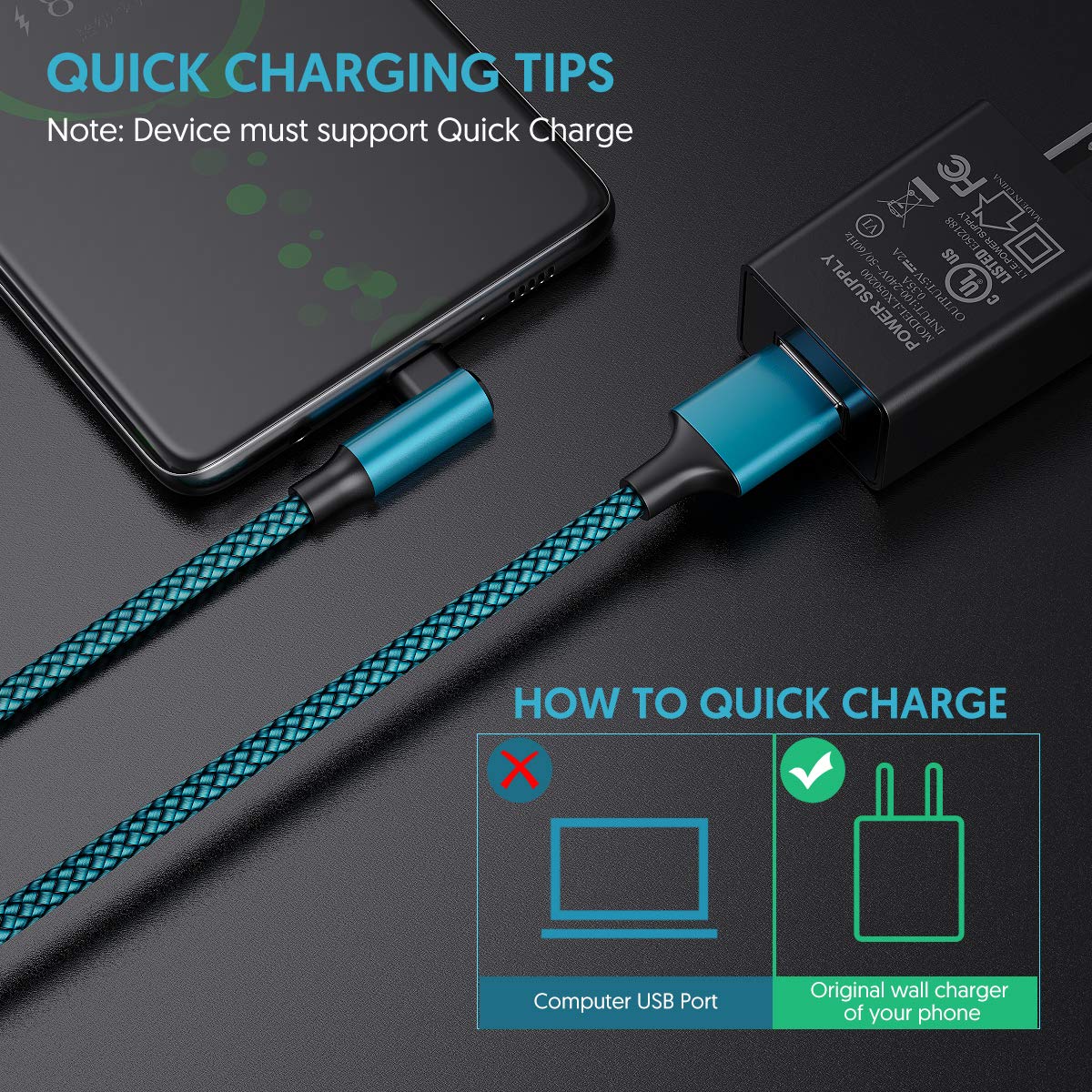 Geekboy USB C Cable 10ft 2-Pack - Right Angle USB A to Type C Charger Cable with Nylon Braiding for iPhone 15 Series & Samsung Galaxy S23/S22/S21 - Fast Charging & Durable (Cyan) - Perfect for Home, Office, Car & Travel Charging