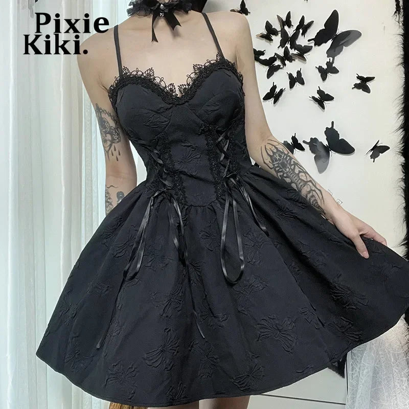 Black Jacquard Cami Dress for Women - Gothic Lolita V-Neck Bandage Mini Dress | Perfect for Halloween, Cosplay & Night Out Parties