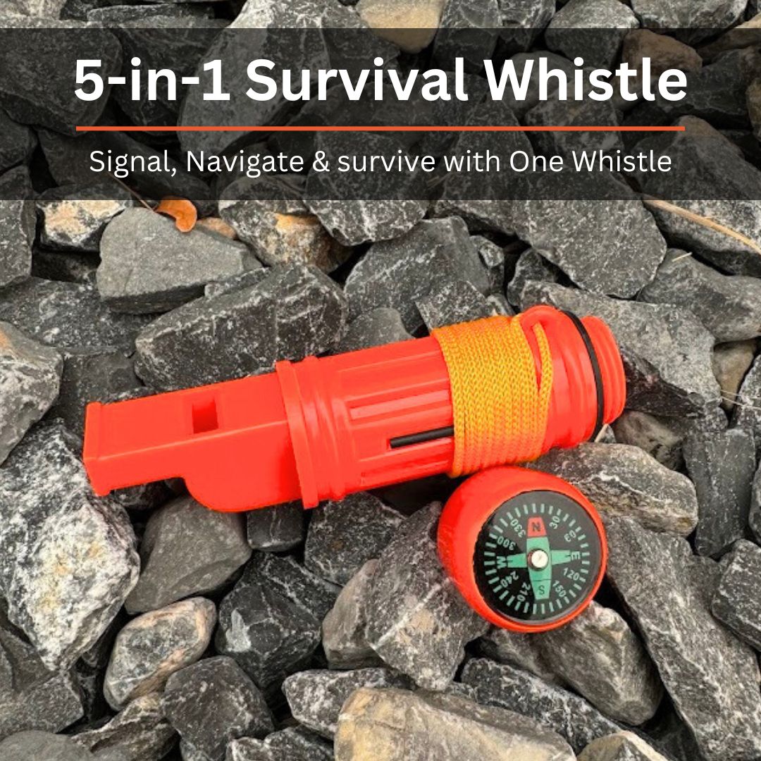 5-in-1 Emergency Survival Whistle with Compass, Thermometer, Signal Mirror, Fire Starter & Loud Alarm - Perfect for Hiking, Camping, Outdoor Adventures & Emergency Preparedness Kits