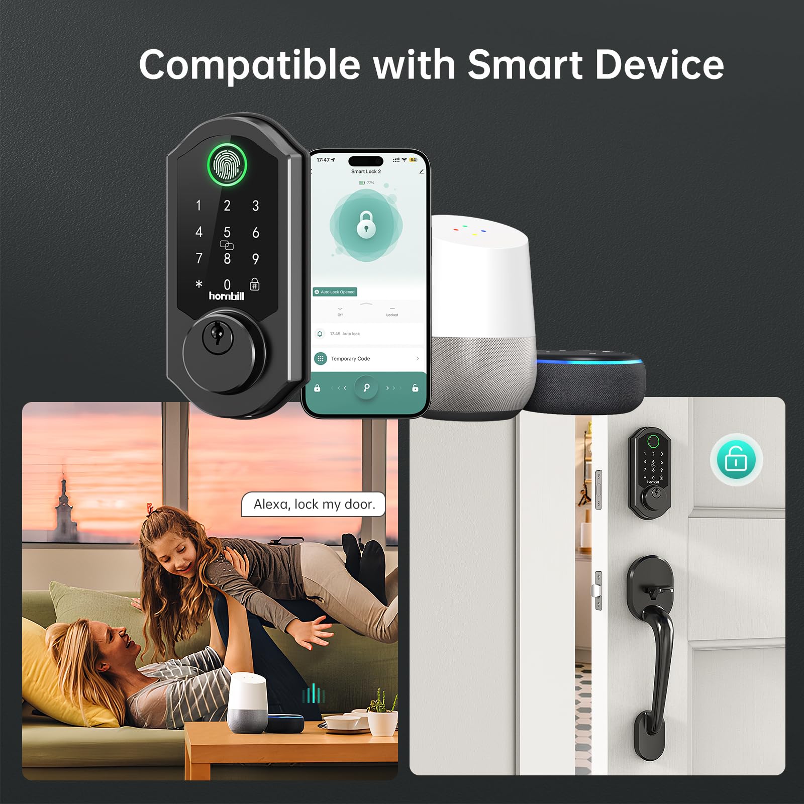 Hornbill Smart Lock WiFi Deadbolt - Keyless Entry Front Door Lock with Fingerprint, Bluetooth & Alexa Compatibility | Remote Control via App, Auto Lock, Keyfob | Matte Black | Perfect for Home Security & Smart Home Automation