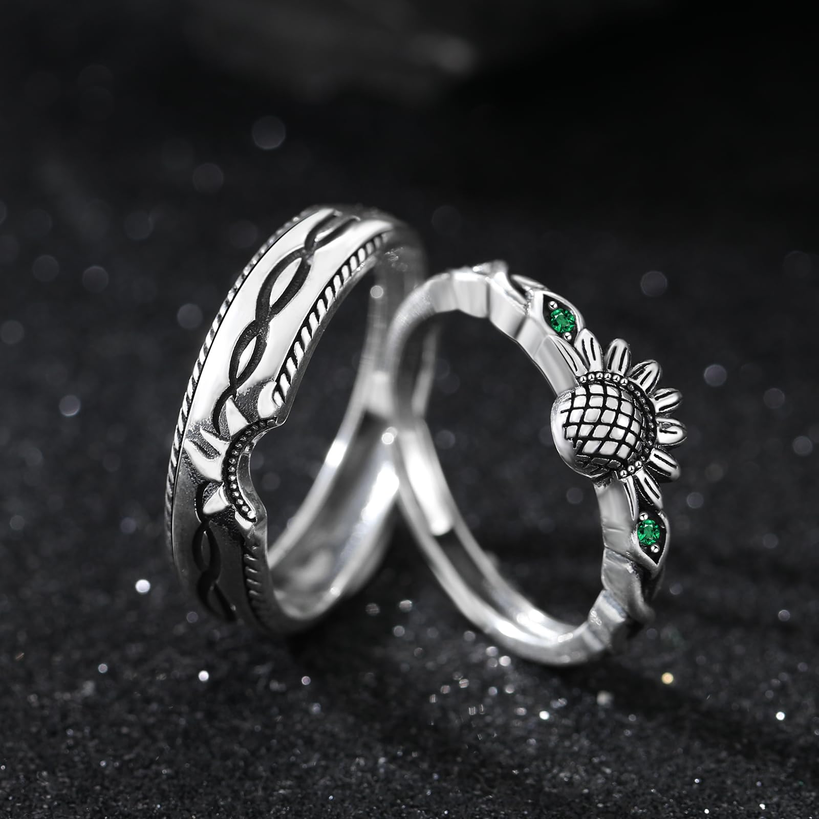 Promise Rings for Couples - Sterling Silver Adjustable Matching Wedding Bands for Him & Her - Emerald Sunflower Engagement Rings - Perfect for Anniversaries, Proposals & Romantic Gifts