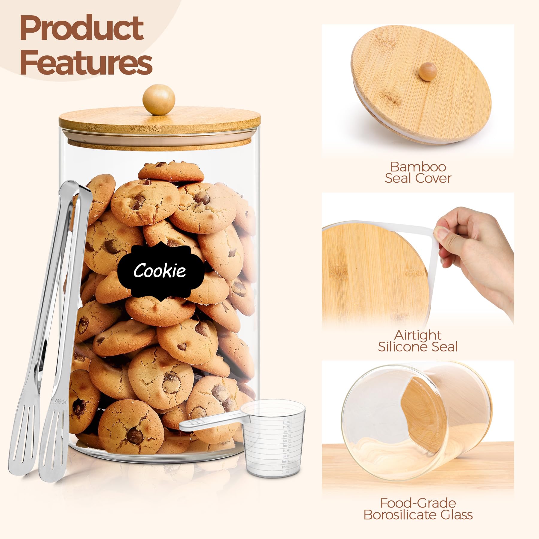 ComSaf 1 Gallon Glass Cookie Jar with Airtight Lid - Set of 2 Large 128oz Pantry Storage Containers for Flour, Sugar, Oatmeal, Pasta & Dry Foods - Includes Measuring Spoon & Seal Clip - Perfect for Kitchen, Baking & Bulk Food Organization