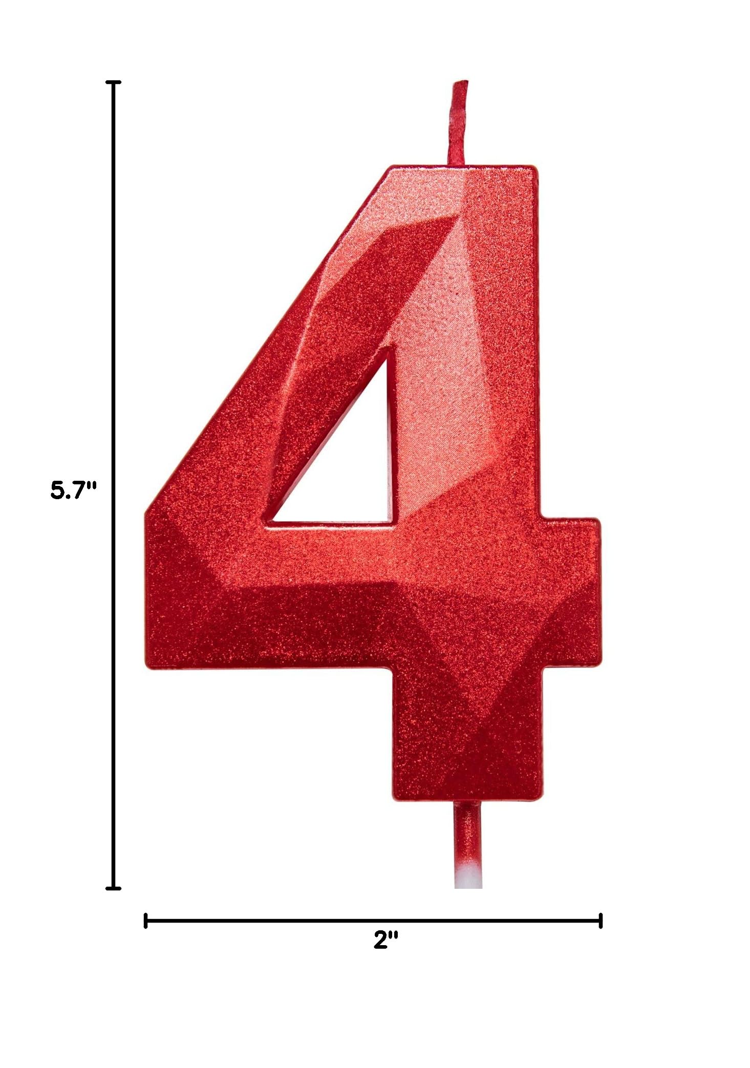 2.75 Inch Tall 3D Diamond Shaped Bright Red Number 4 Cake Topper - Happy Birthday Candles for Adults & Kids Party Decorations - Perfect for Birthday Cakes, Cupcakes, and Family Baking Celebrations