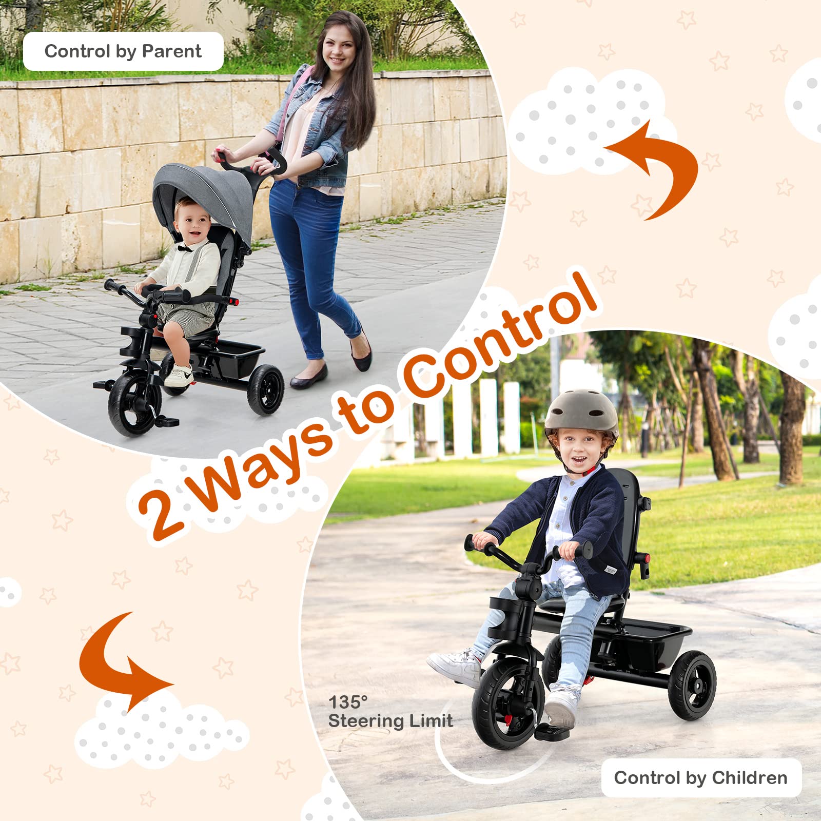 HONEY JOY 5-in-1 Adjustable Baby Tricycle Stroller with Canopy & Push Handle - Reversible Seat, EVA Wheels, Cup Holder & Storage Basket - Toddler Trike for Kids Ages 1.5-5 Years (Gray) - Perfect for Outdoor Walks, Park Visits & Neighborhood Rides