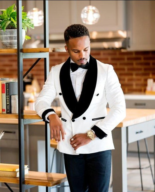 Off-White Double Breasted Tuxedo Jacket with Velvet Lapel - Elegant Formal Wear for Weddings, Galas & Black Tie Events