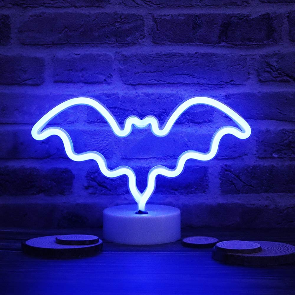 Blue LED Neon Bat Night Light - Battery Operated Halloween Decor with Holder Base for Bedroom, Bar, Wall | Perfect for Spooky Atmosphere, Goth Room Decor & Halloween Party Lighting