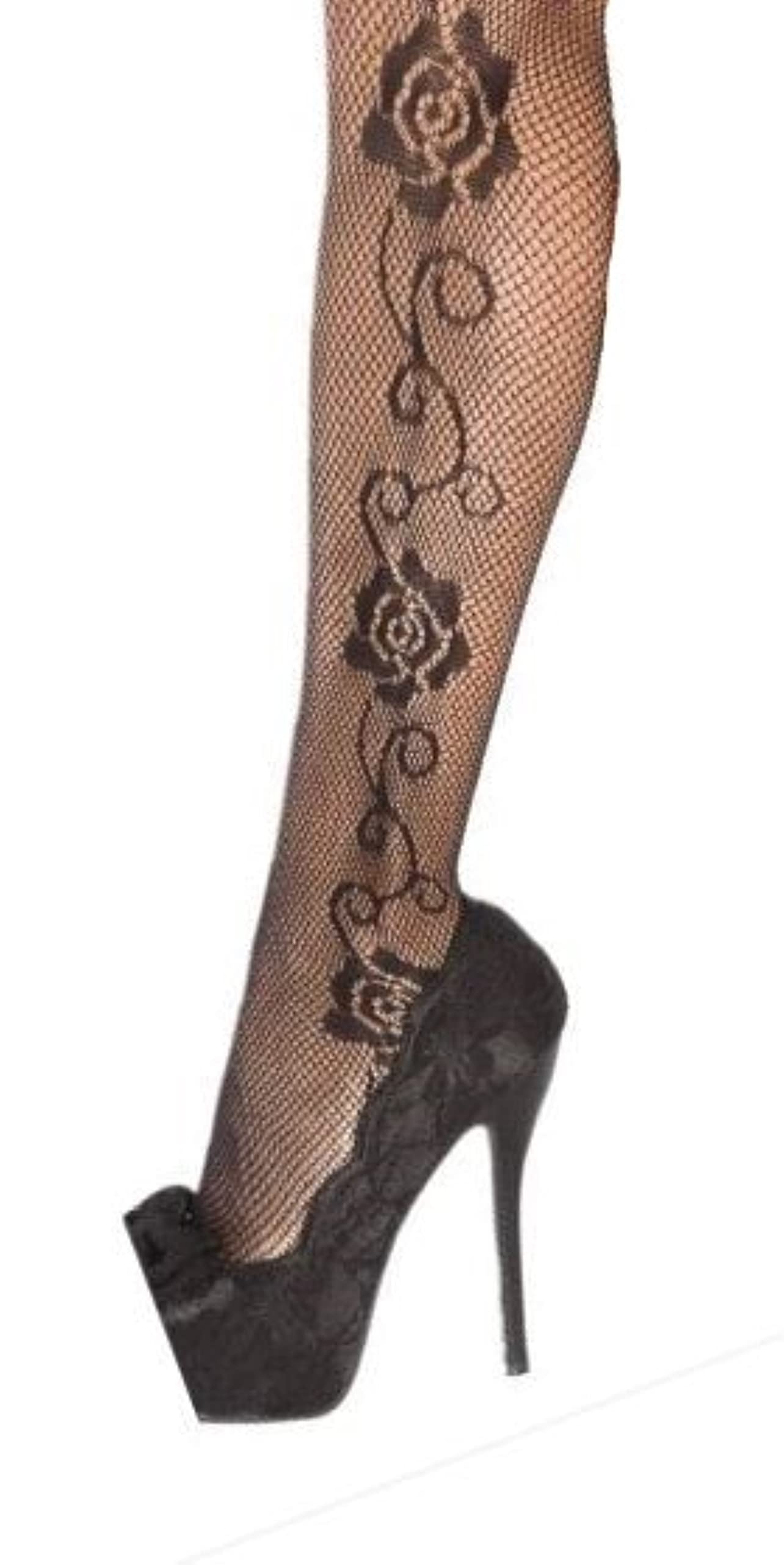 Coquette Fishnet Pantyhose with Rose Pattern - Black One Size Fits Most Women | Sexy Lingerie for Date Night, Cosplay & Boudoir Photography