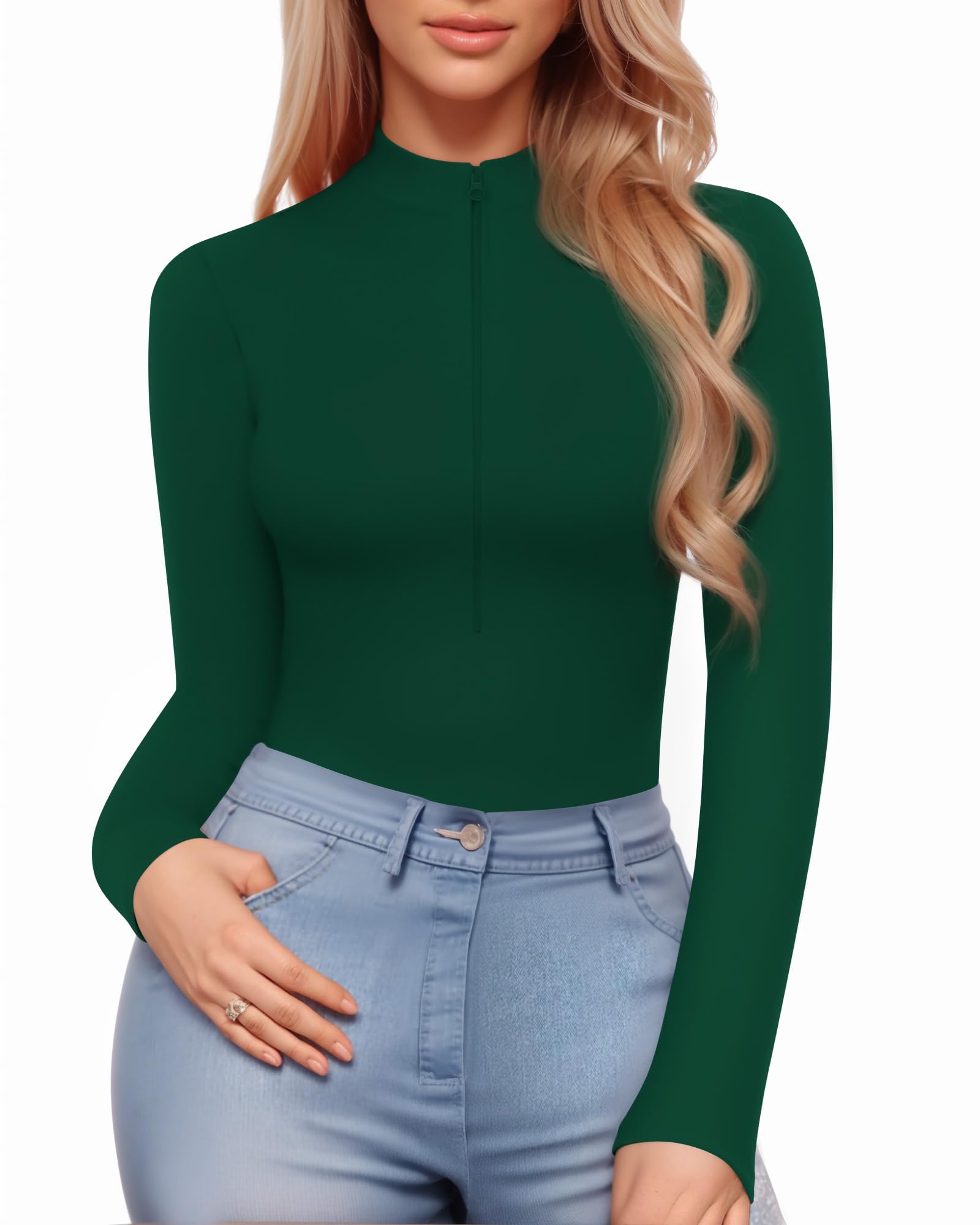 MANGOPOP Women's Sexy Ribbed Long Sleeve Bodysuit with Mock Turtle Neck & Deep V Zip Up - Perfect for Date Night, Club Outfits and Layering Under Blazers