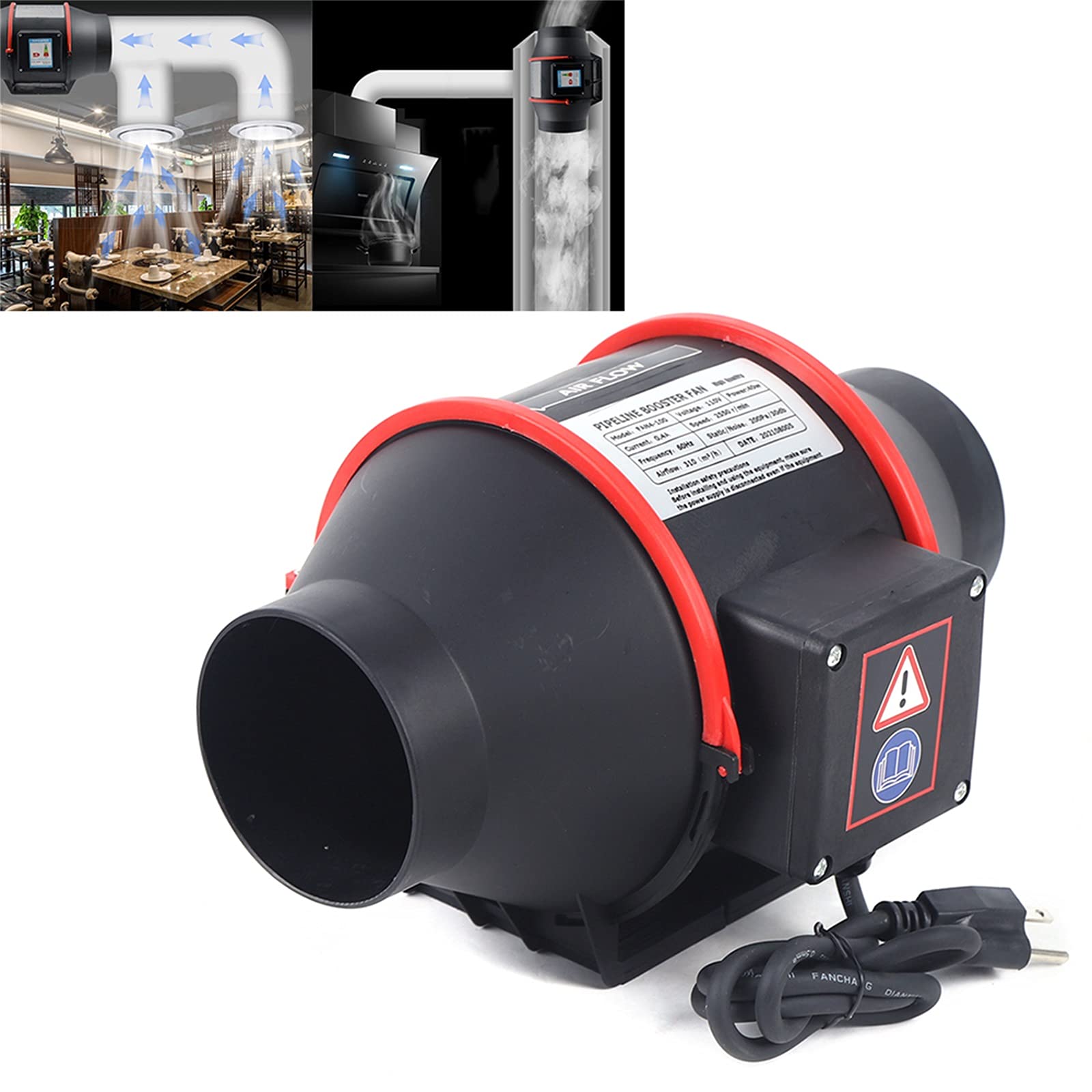 4 Inch 310CFM Inline Duct Ventilation Fan - High Power Exhaust Blower for Kitchen, Greenhouse, Grow Tent, Bathroom & BBQ Shop | Quiet Air Duct Fan for Home & Commercial Ventilation | Black