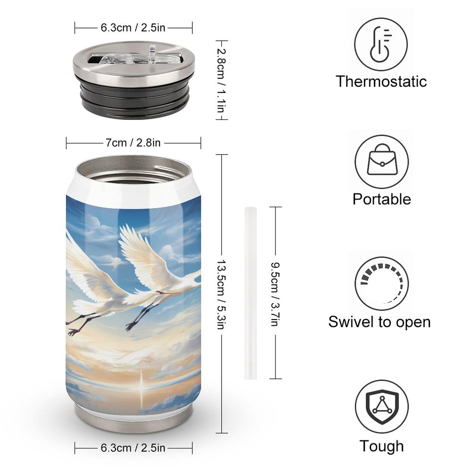 Stainless Steel Insulated Tumbler with Flip Lid - Cranes Birds Flying Sky Travel Design - Hot/Cold Coffee Mug for Home, Office & Outdoor Use - Perfect for Camping, Commuting and Gifts