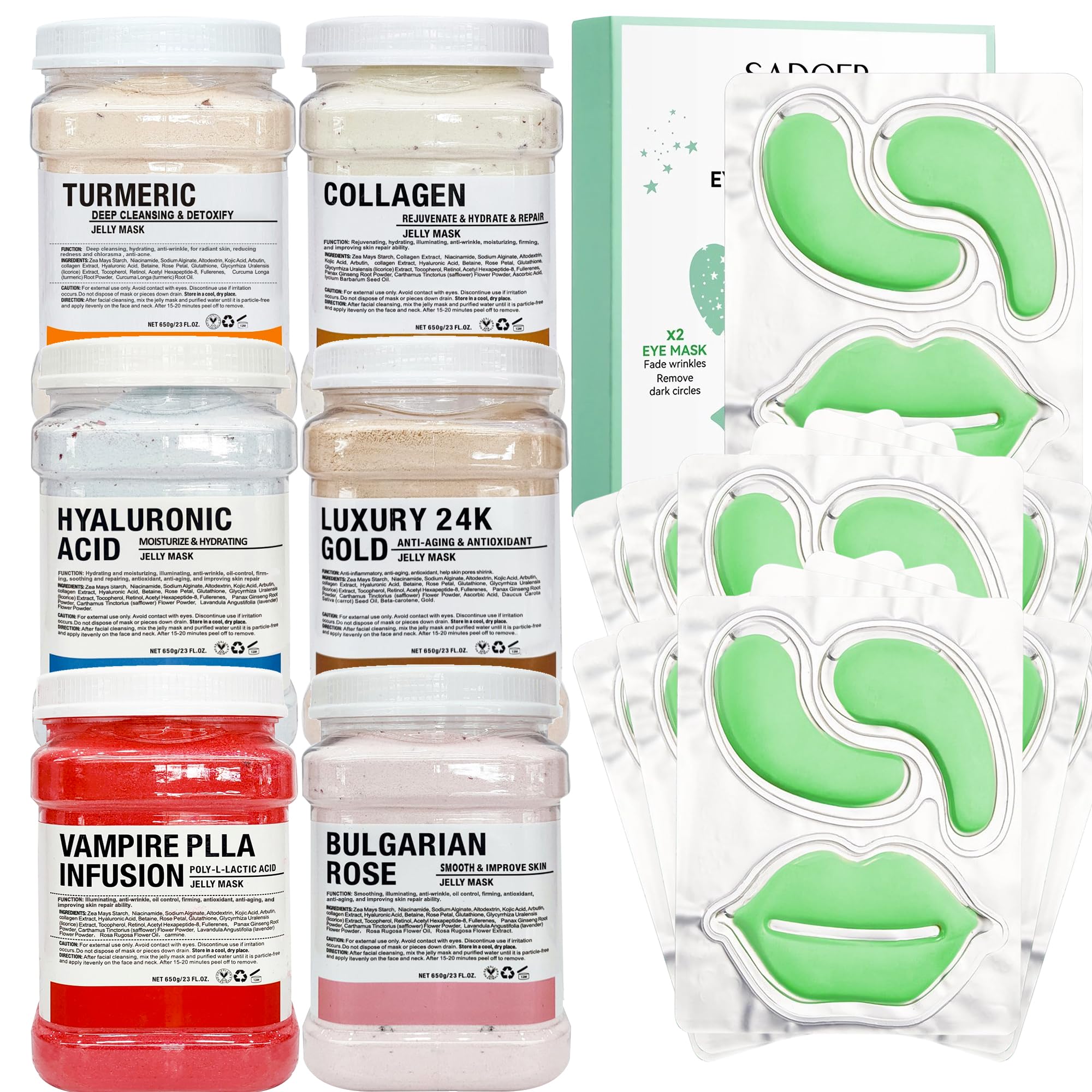 6-in-1 Jelly Mask Powder Set with 10 Pairs Aloe Vera Under Eye Patches & 10PCS Hydrating Lip Masks - DIY Skincare Kit for Glowing Skin at Home Spa, Party Favors, Self-Care Gifts