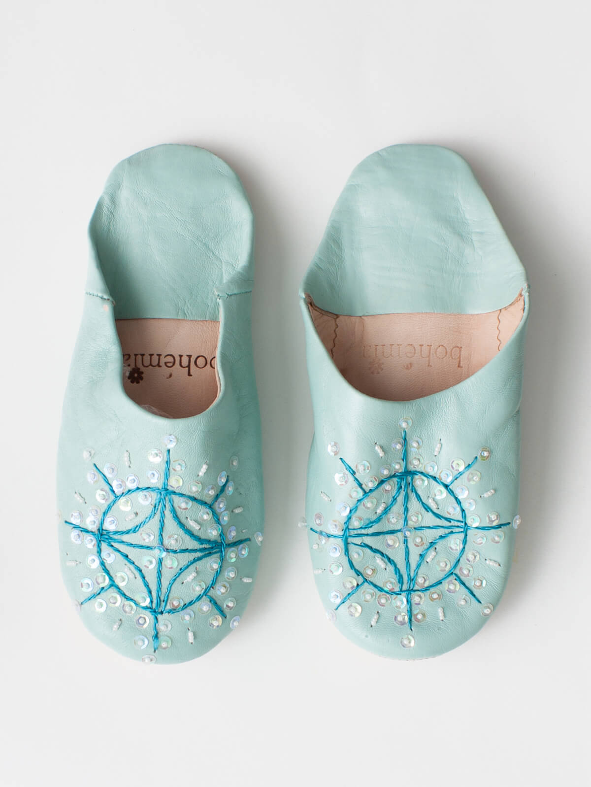 Sparkly Moroccan Babouche Slippers with Sequins - Duck Egg Blue Comfortable House Shoes for Women | Perfect for Lounging at Home, Spa Days & Boho Chic Outfits