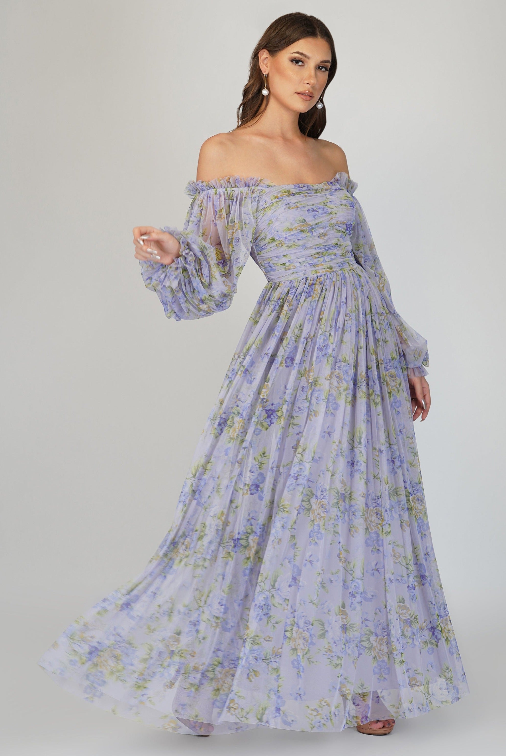Lana Lilac Printed Tulle Dress for Women - Elegant Floral Lace Evening Gown for Prom, Wedding, Party & Special Occasions
